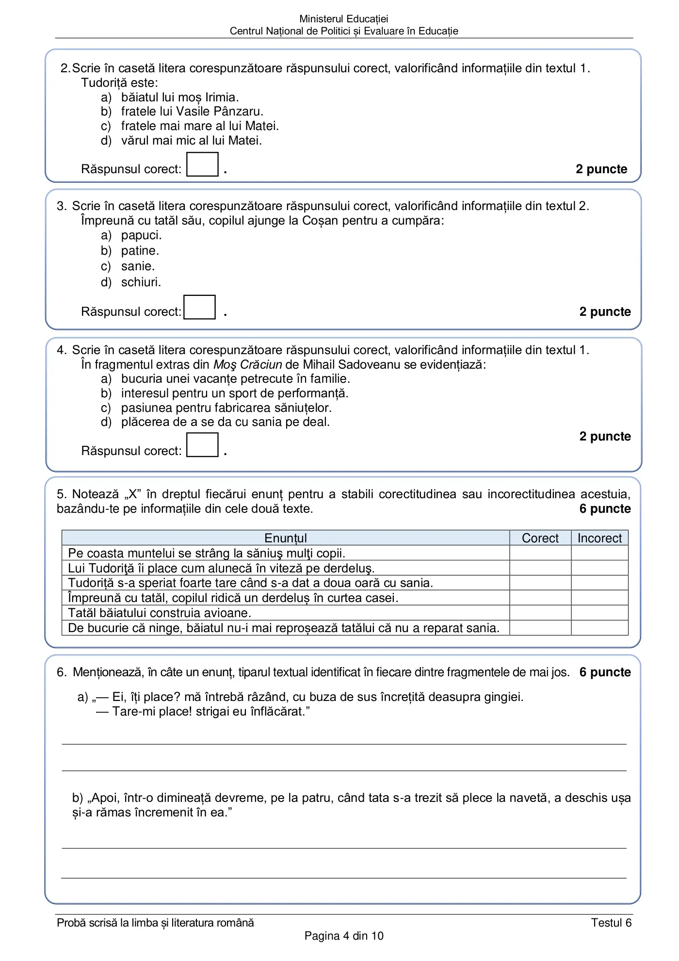 Pagina 4 din subiectul test de antrenament 6, limba și literatura română, martie 2021