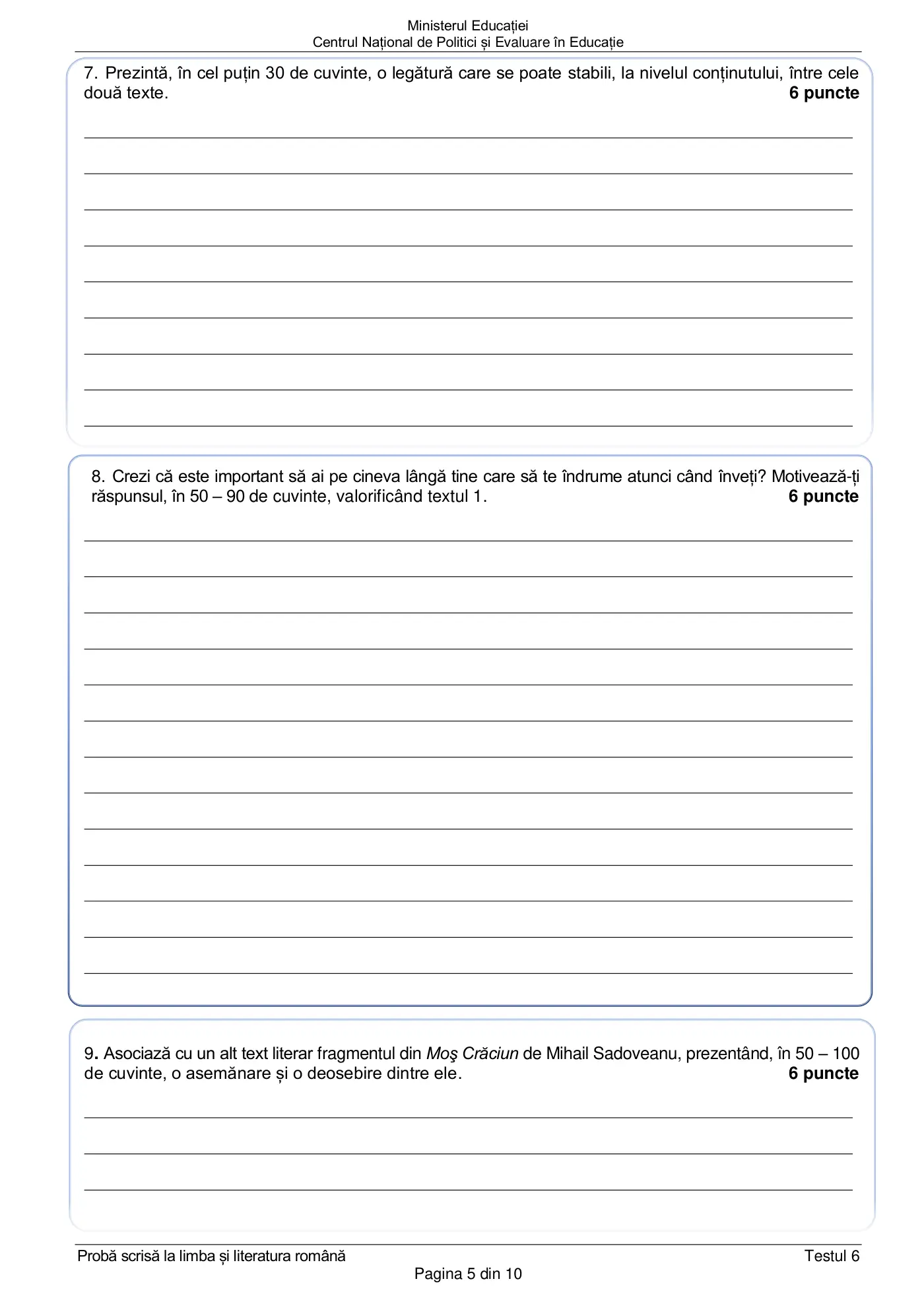 Pagina 5 din subiectul test de antrenament 6, limba și literatura română, martie 2021