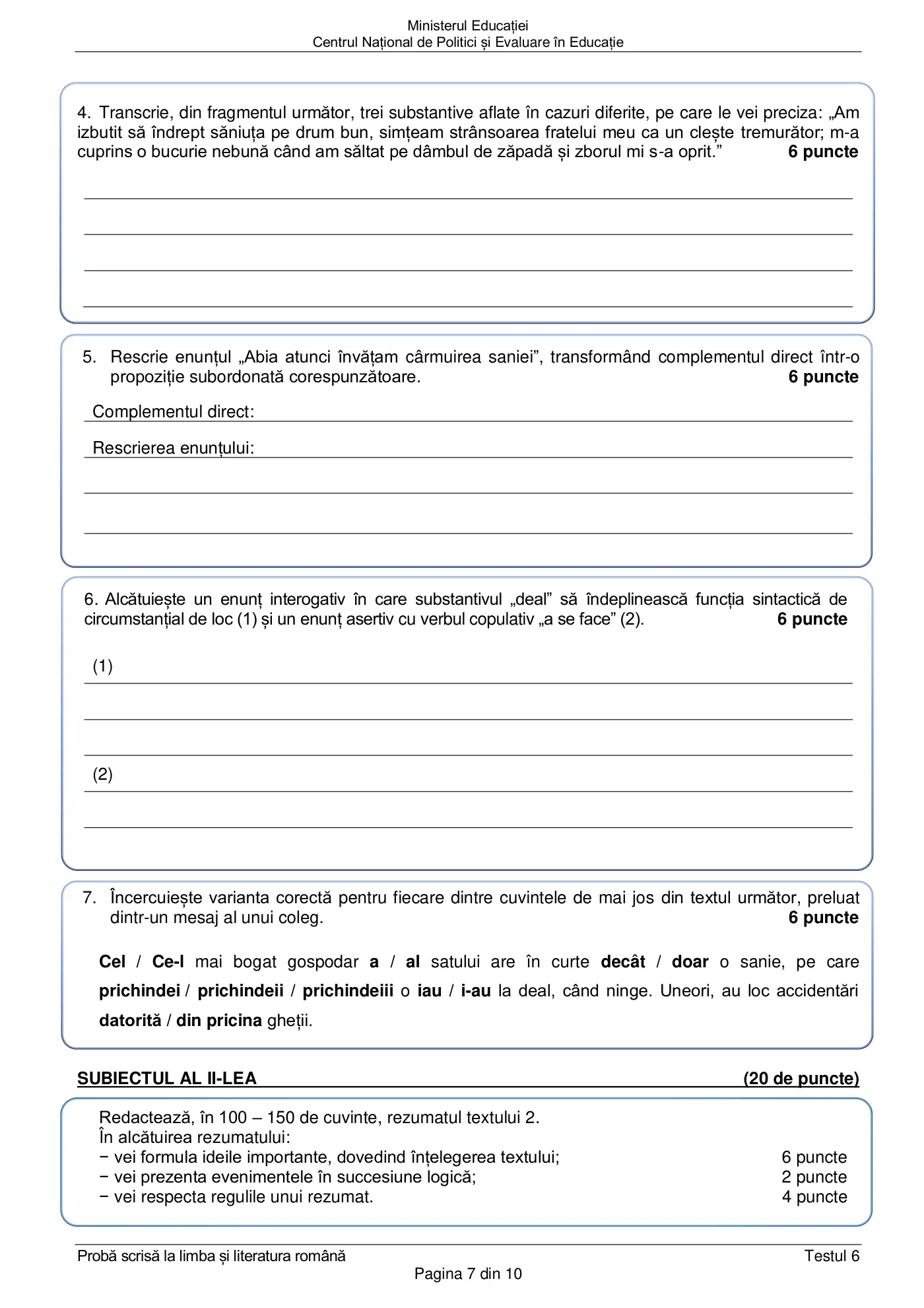 Pagina 7 din subiectul test de antrenament 6, limba și literatura română, martie 2021