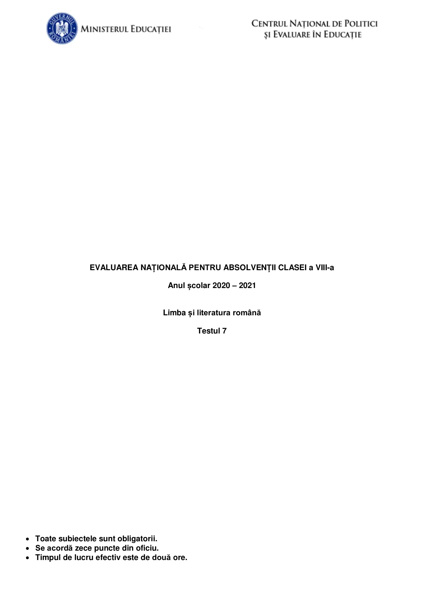 Pagina 1 din subiectul test de antrenament 7, limba și literatura română, martie 2021