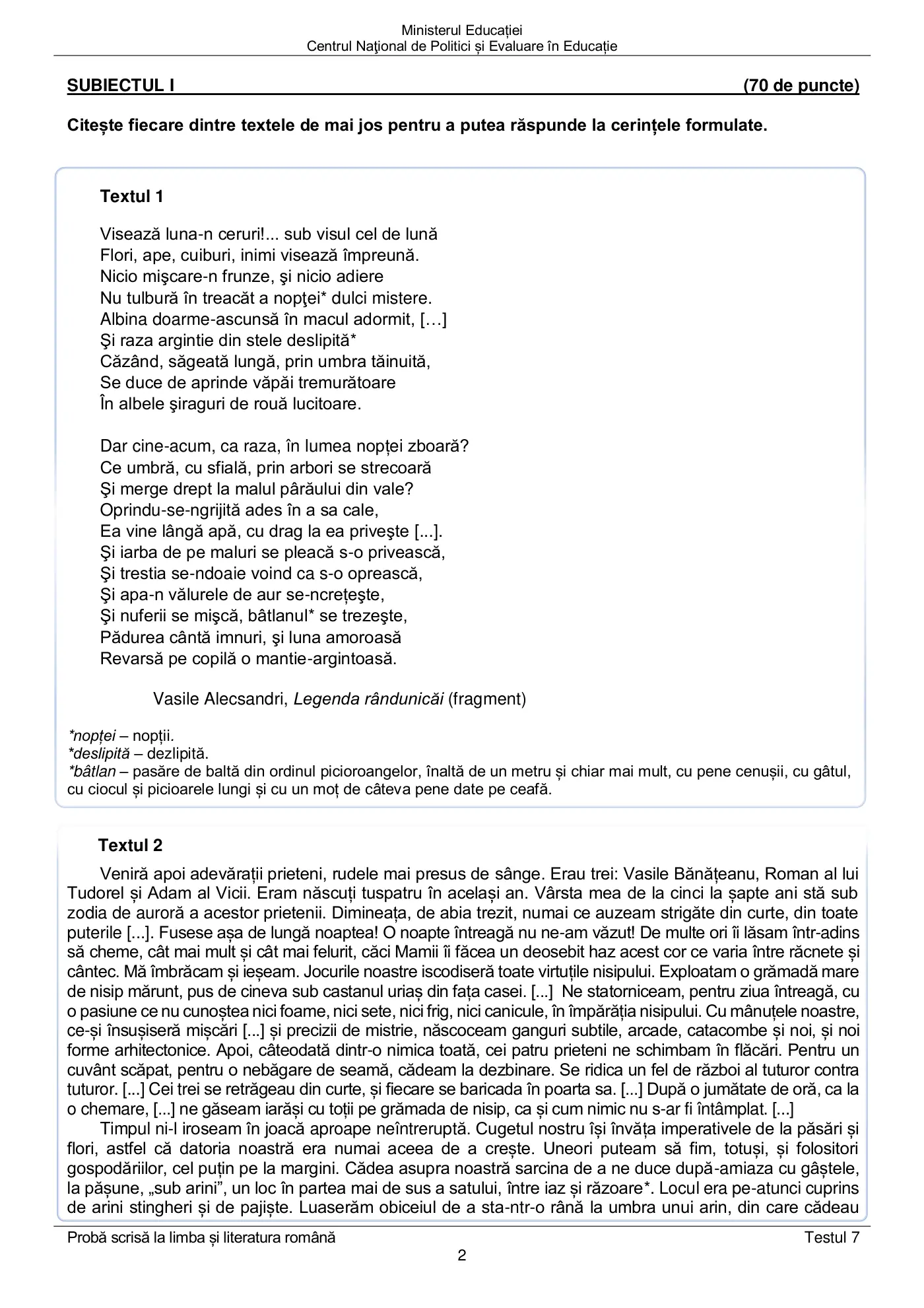 Pagina 2 din subiectul test de antrenament 7, limba și literatura română, martie 2021
