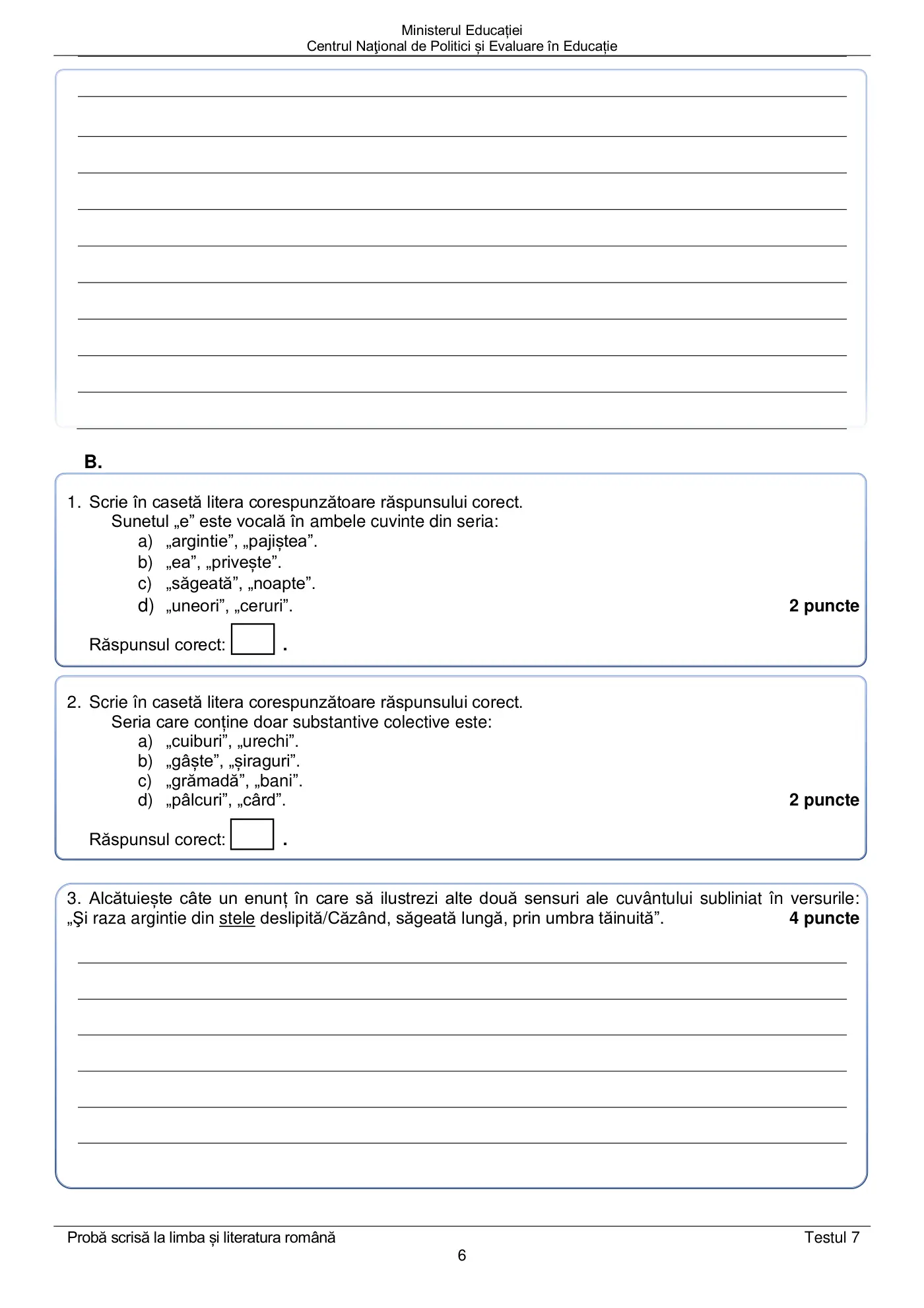 Pagina 6 din subiectul test de antrenament 7, limba și literatura română, martie 2021