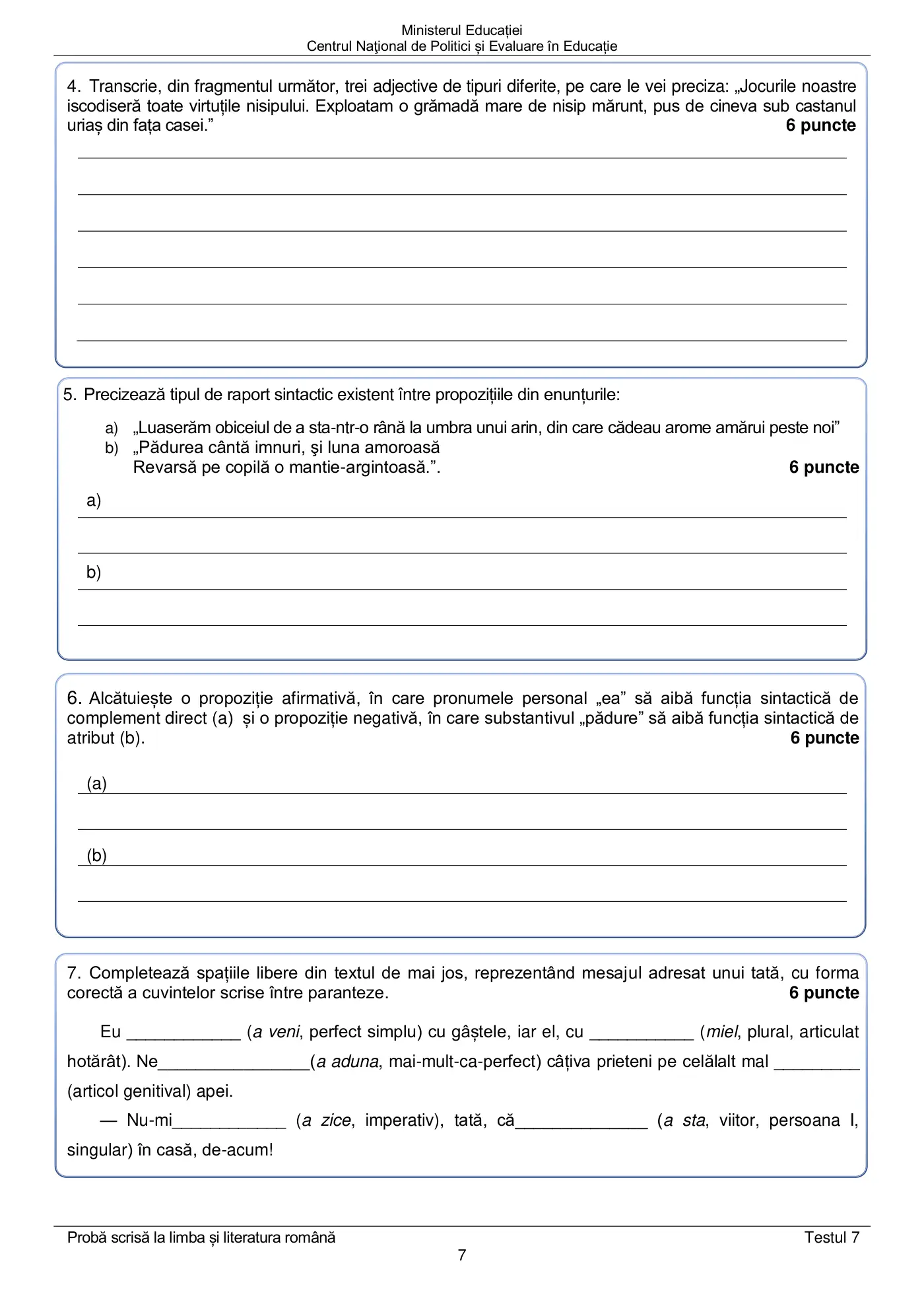 Pagina 7 din subiectul test de antrenament 7, limba și literatura română, martie 2021