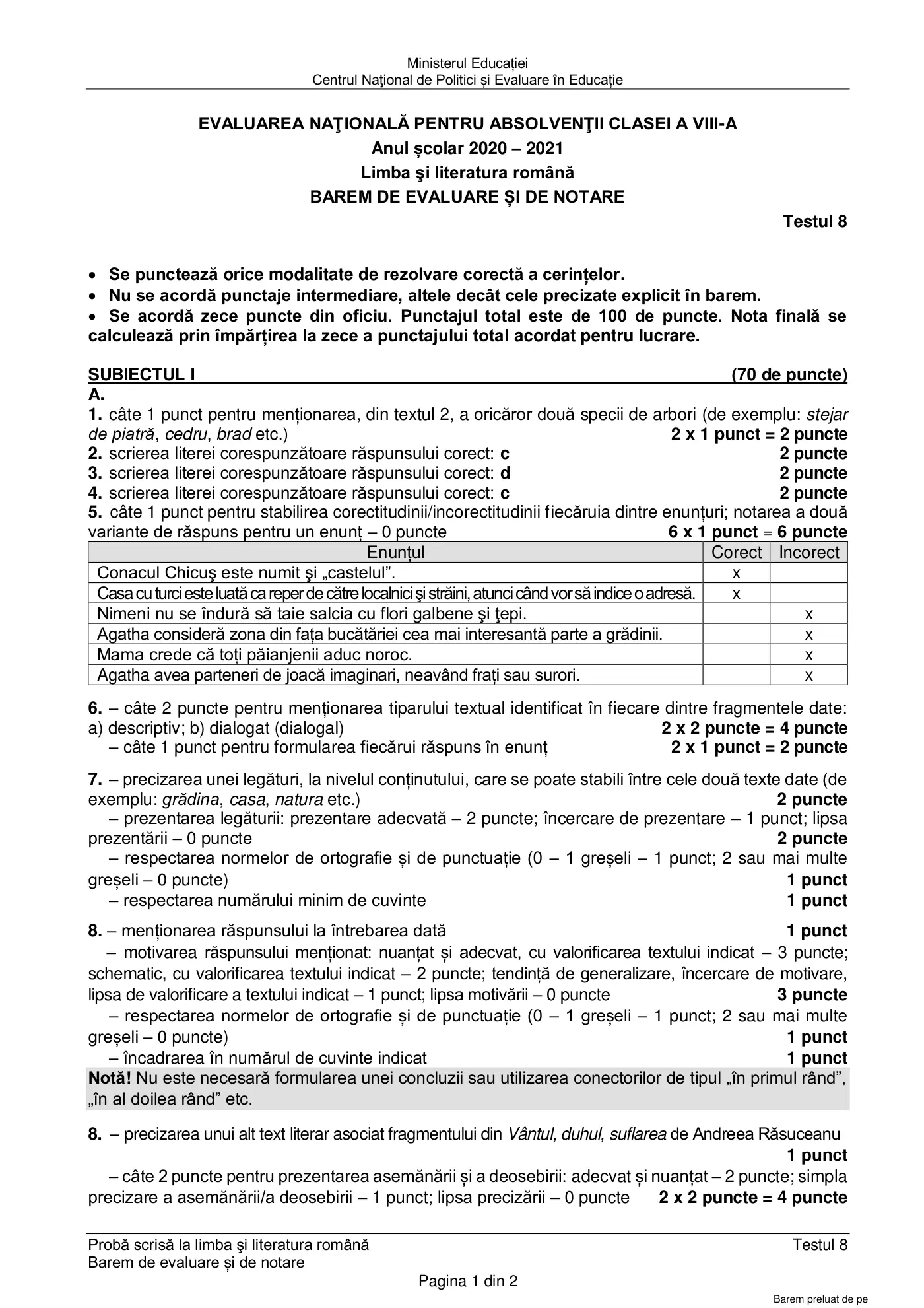 Pagina 1 din baremul pentru test de antrenament 8, limba și literatura română, martie 2021