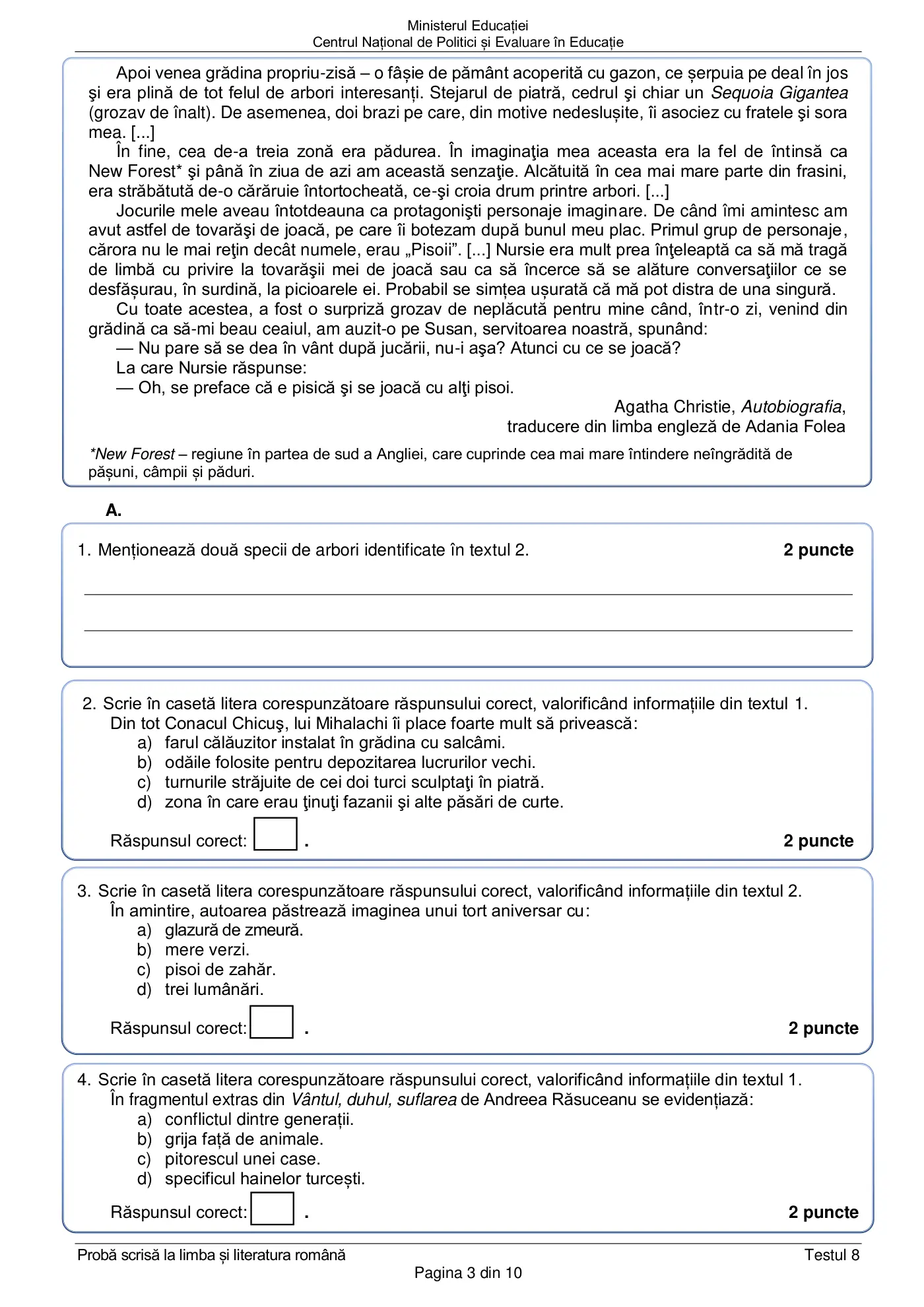 Pagina 3 din subiectul test de antrenament 8, limba și literatura română, martie 2021