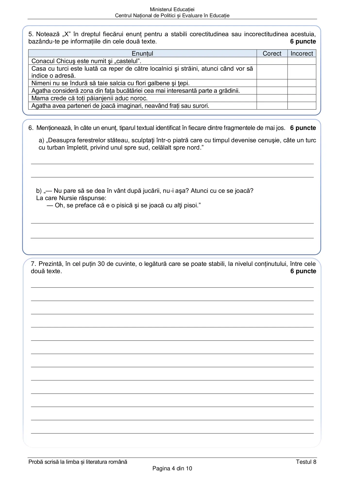 Pagina 4 din subiectul test de antrenament 8, limba și literatura română, martie 2021