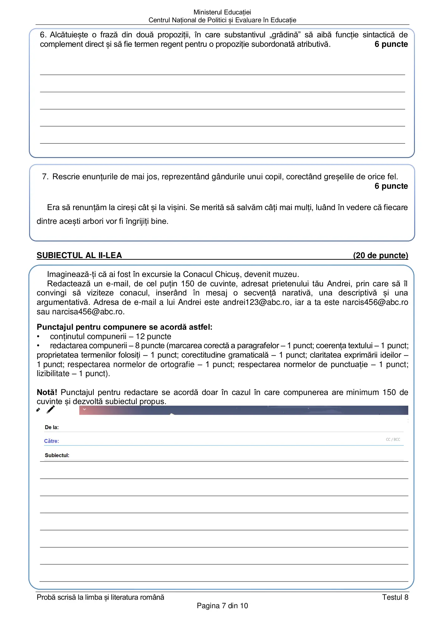 Pagina 7 din subiectul test de antrenament 8, limba și literatura română, martie 2021