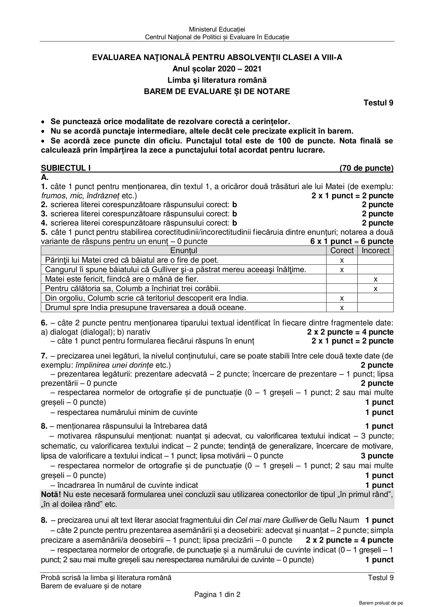Pagina 1 din baremul pentru test de antrenament 9, limba și literatura română, martie 2021