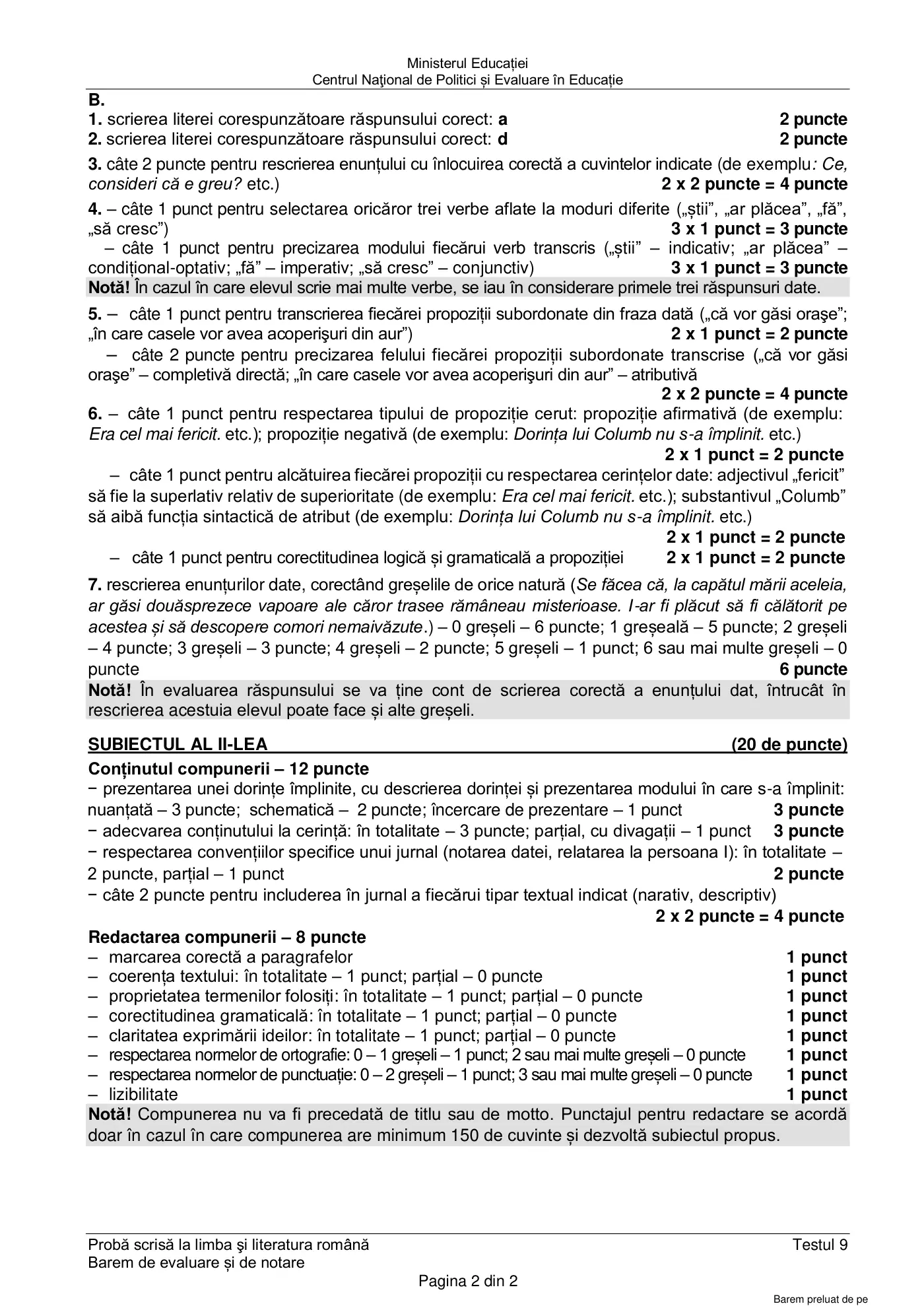 Pagina 2 din baremul pentru test de antrenament 9, limba și literatura română, martie 2021