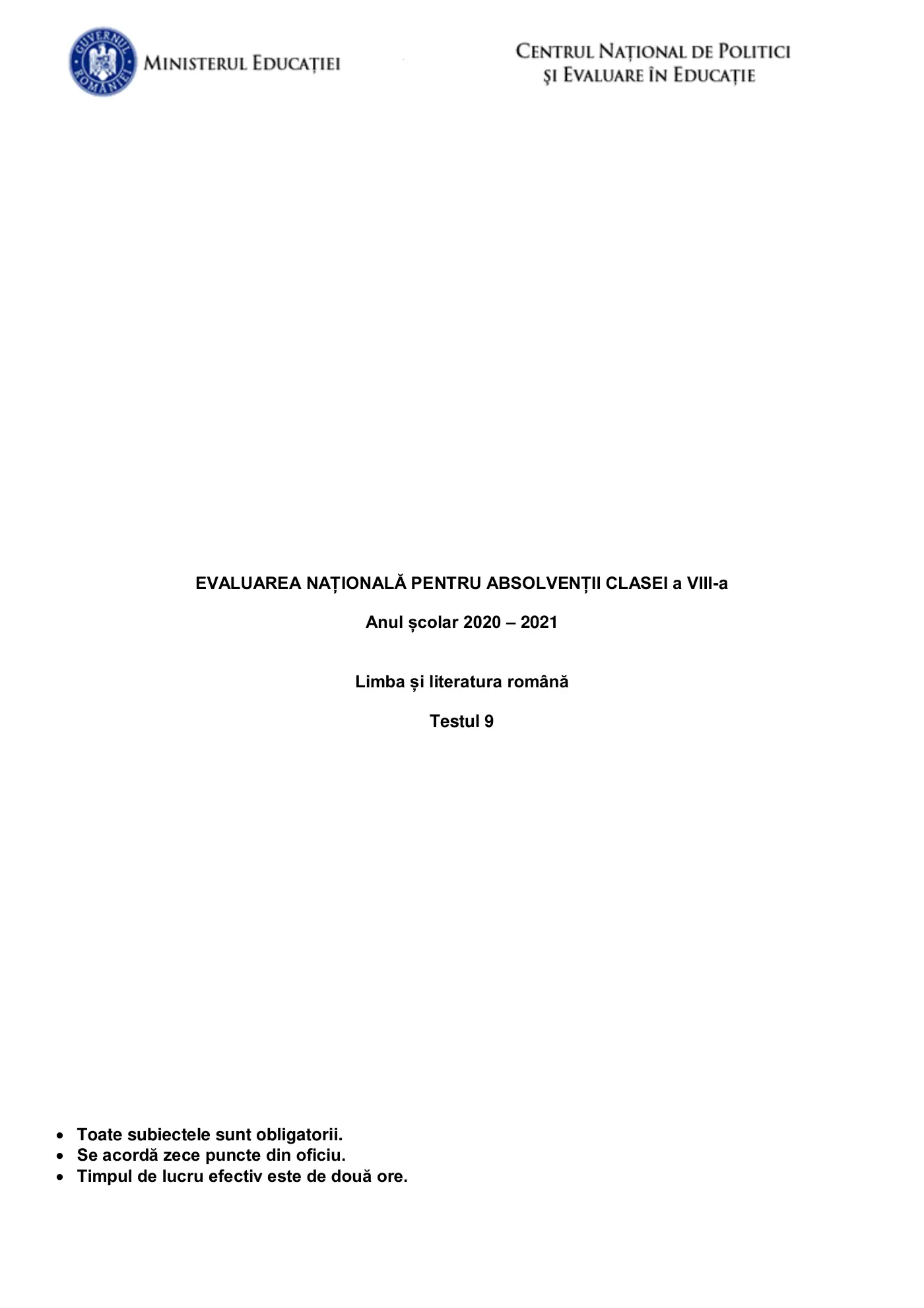 Pagina 1 din subiectul test de antrenament 9, limba și literatura română, martie 2021