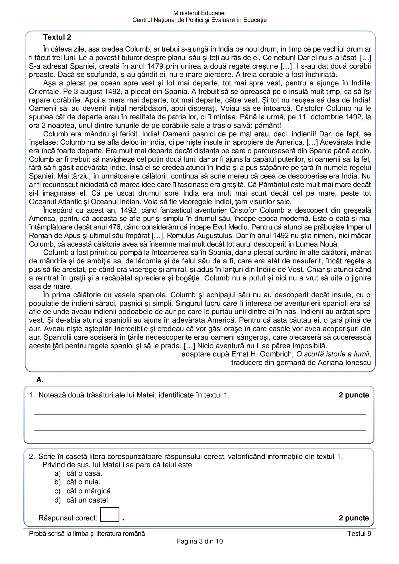 Pagina 3 din subiectul test de antrenament 9, limba și literatura română, martie 2021