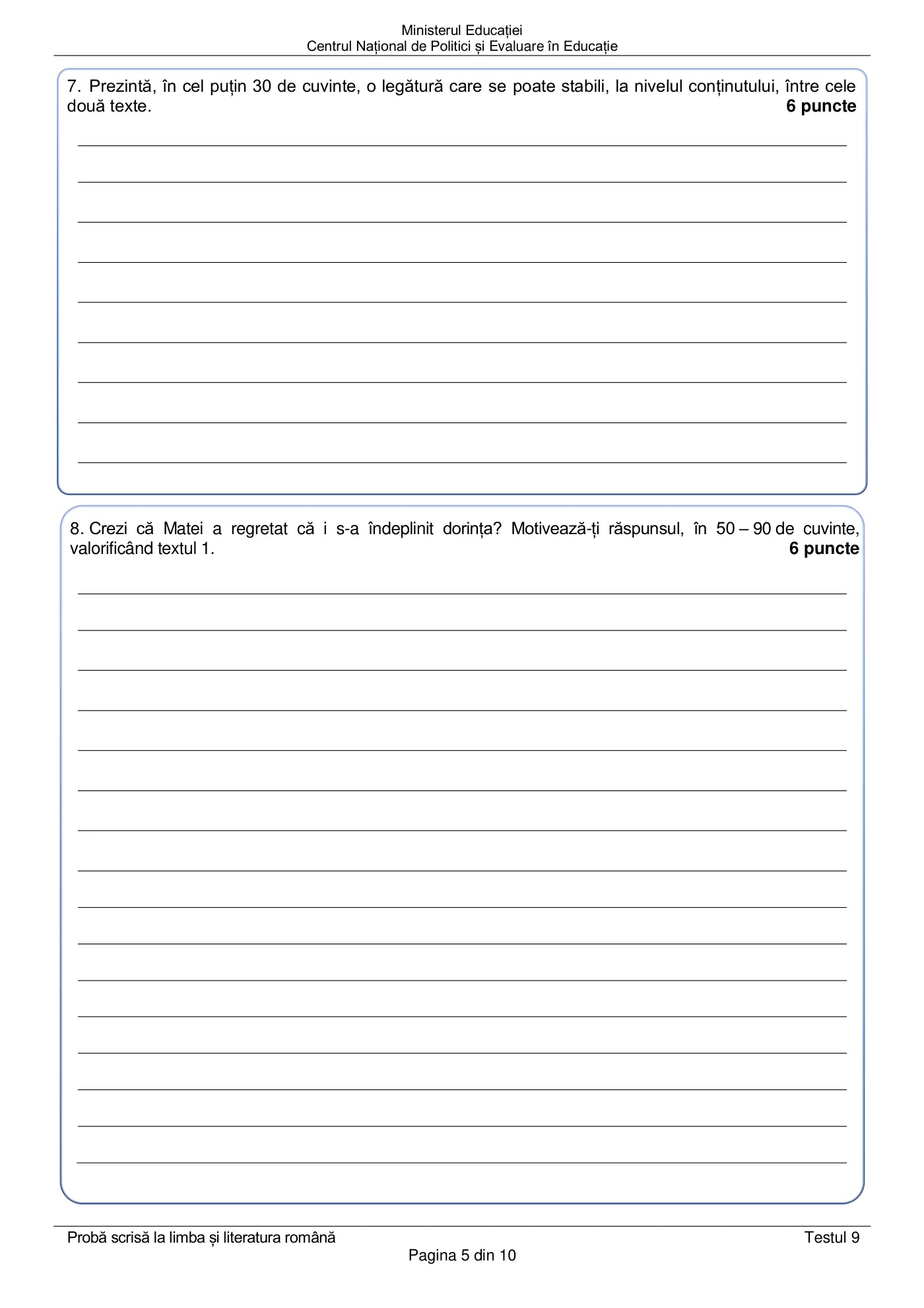 Pagina 5 din subiectul test de antrenament 9, limba și literatura română, martie 2021