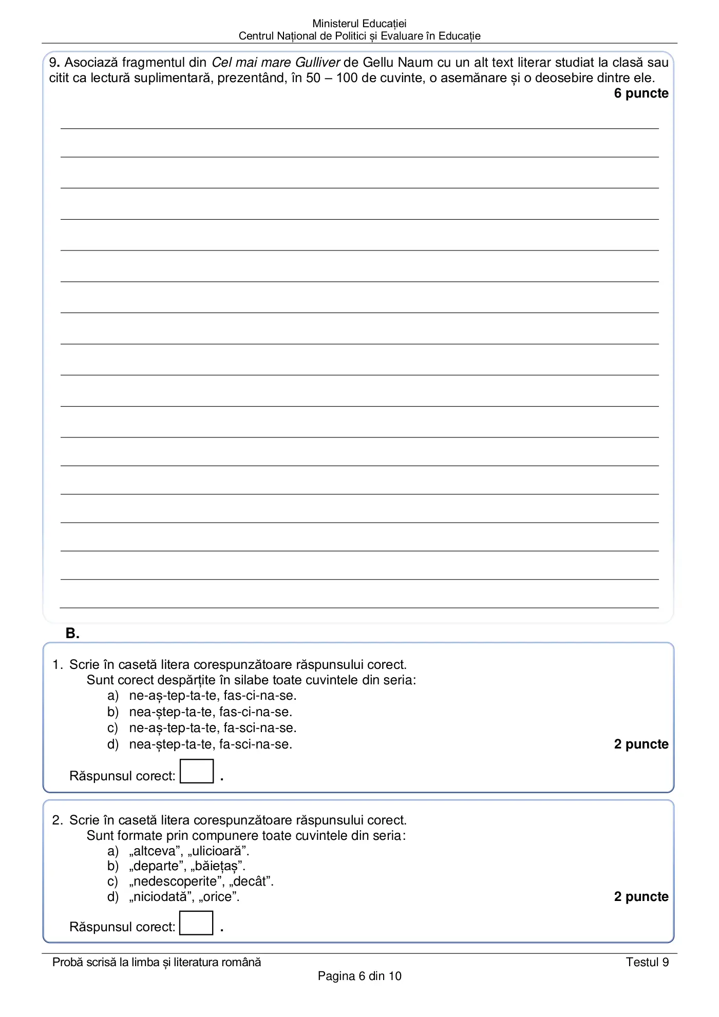 Pagina 6 din subiectul test de antrenament 9, limba și literatura română, martie 2021