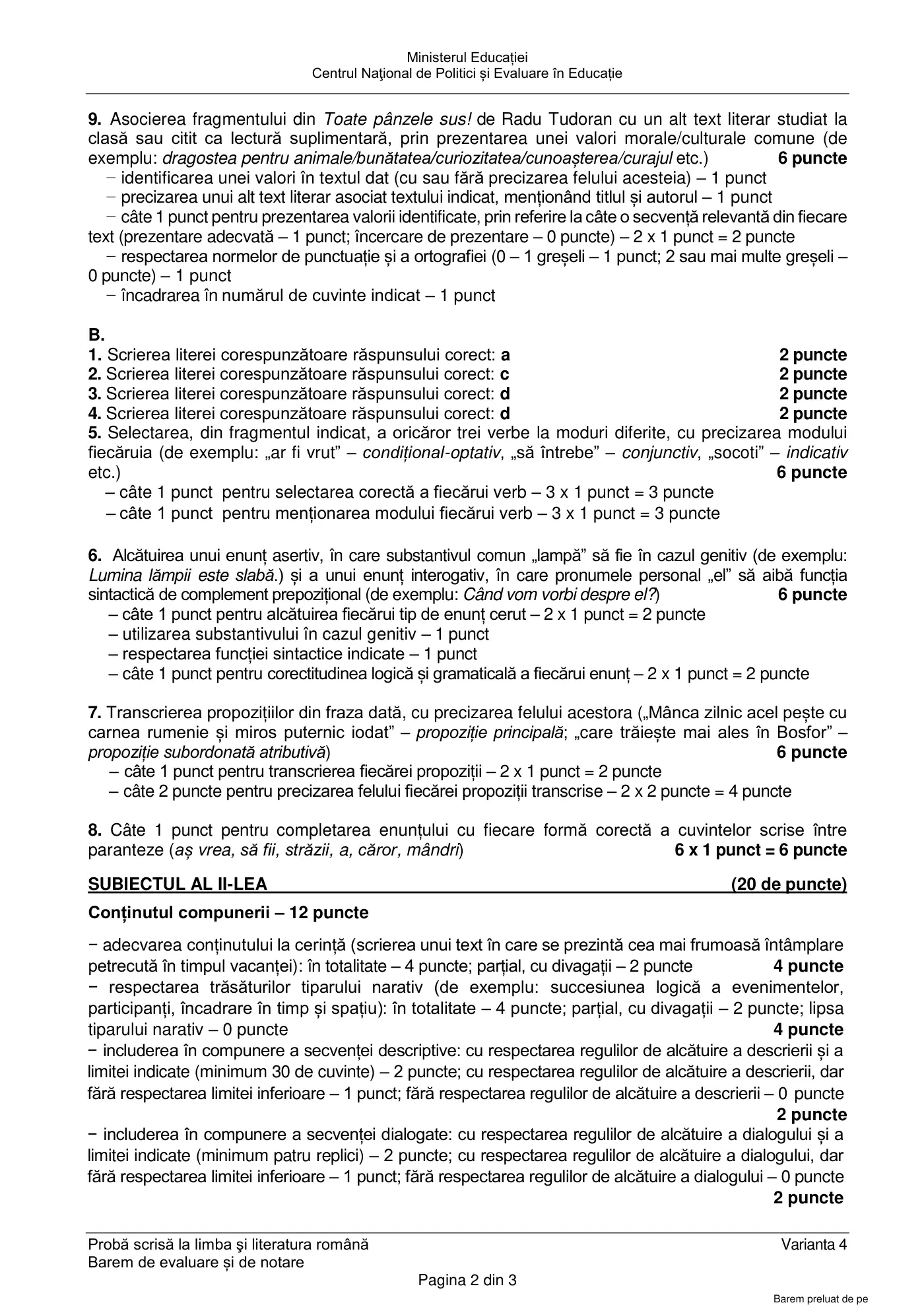Pagina 2 din baremul pentru examen oficial (sesiunea iunie), limba și literatura română, 14 iunie 2022