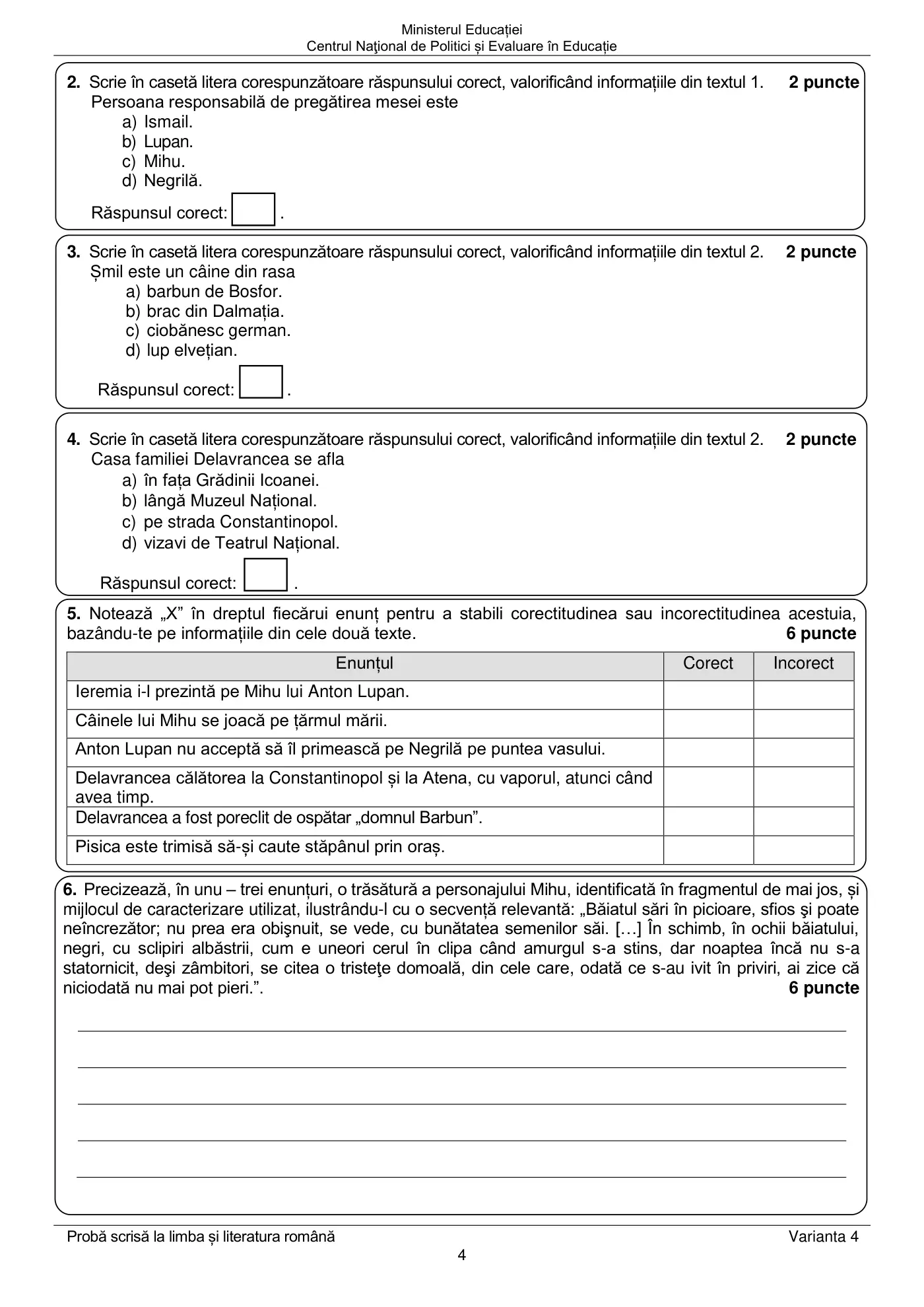 Pagina 4 din subiectul examen oficial (sesiunea iunie), limba și literatura română, 14 iunie 2022