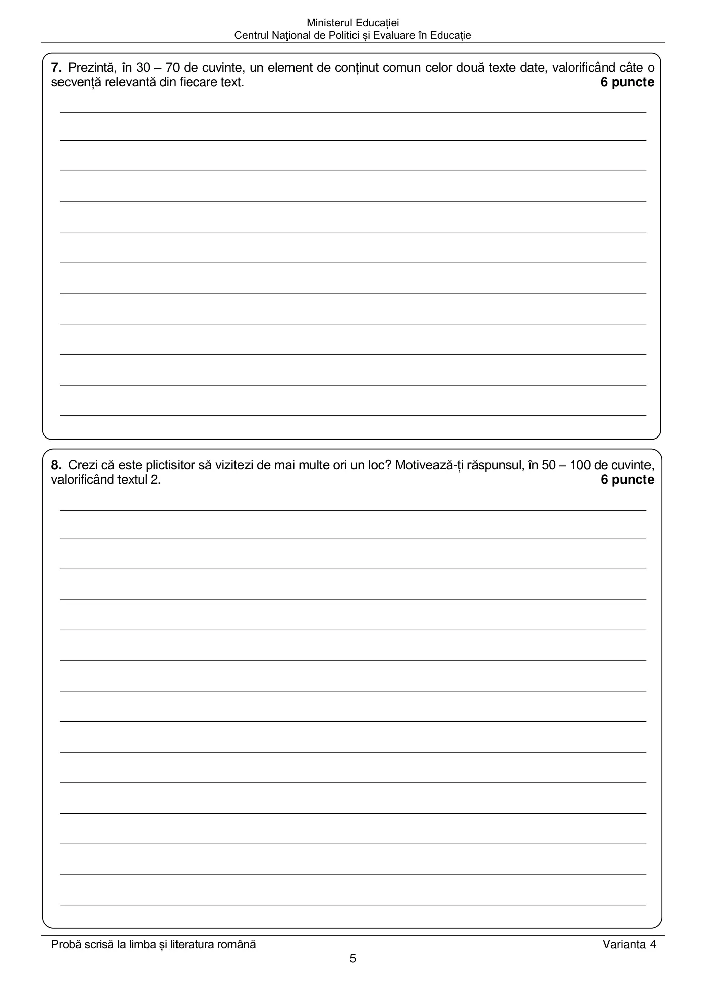 Pagina 5 din subiectul examen oficial (sesiunea iunie), limba și literatura română, 14 iunie 2022