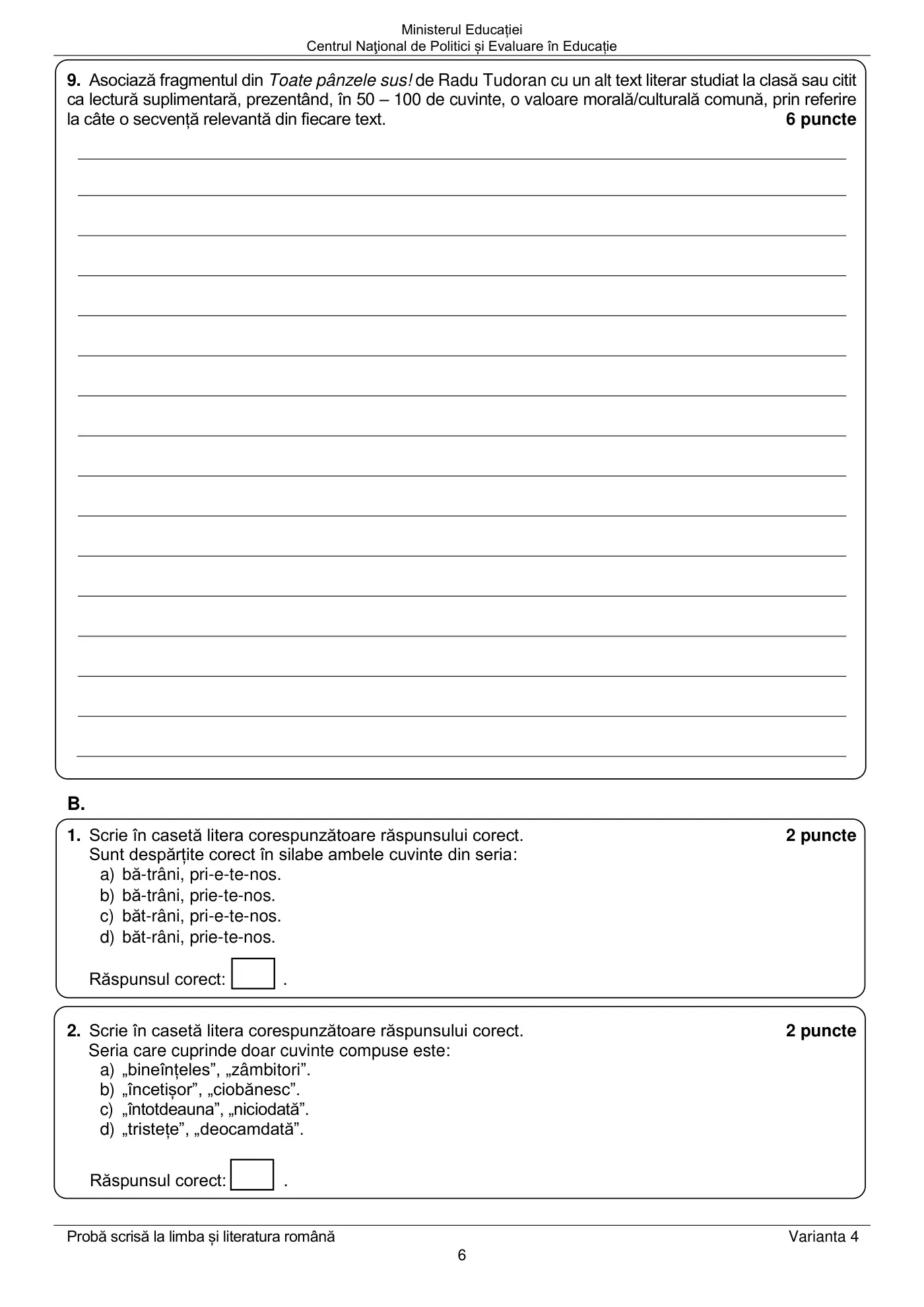 Pagina 6 din subiectul examen oficial (sesiunea iunie), limba și literatura română, 14 iunie 2022