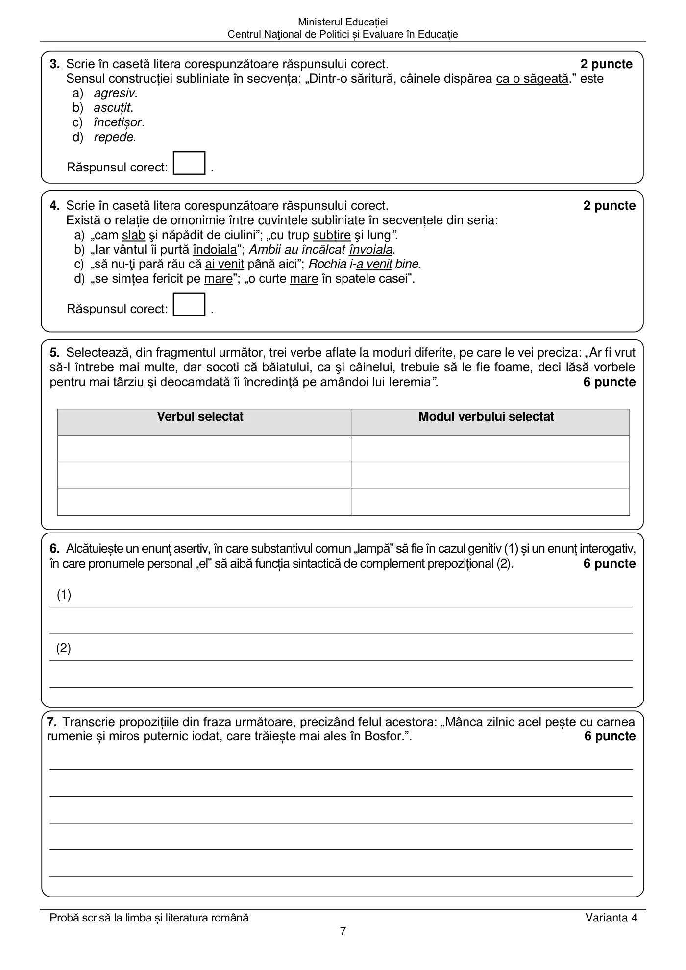 Pagina 7 din subiectul examen oficial (sesiunea iunie), limba și literatura română, 14 iunie 2022