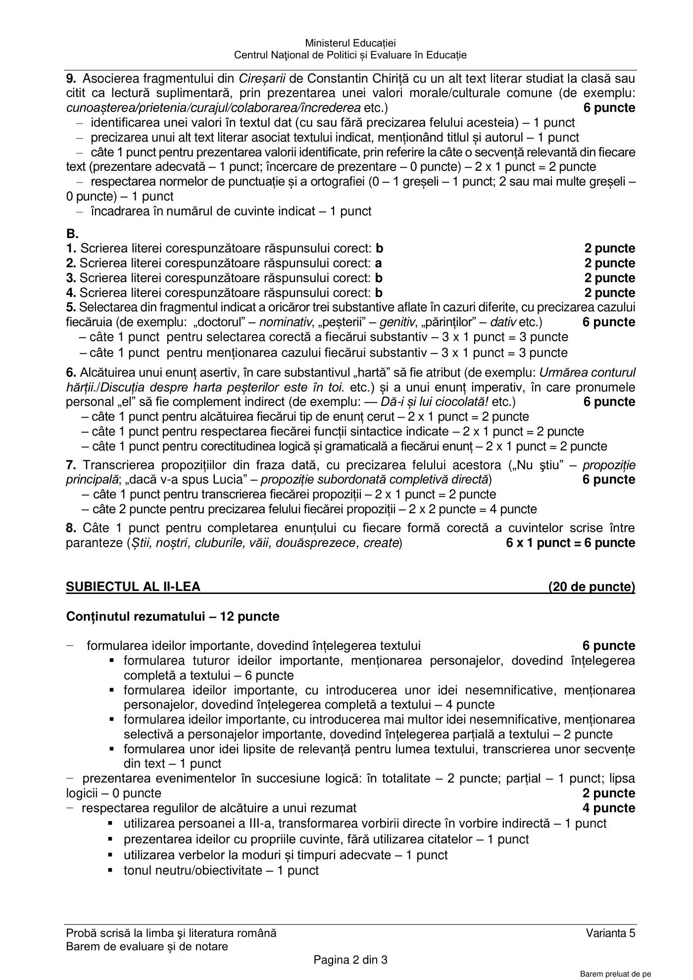 Pagina 2 din baremul pentru subiect de rezervă, limba și literatura română, 14 iunie 2022
