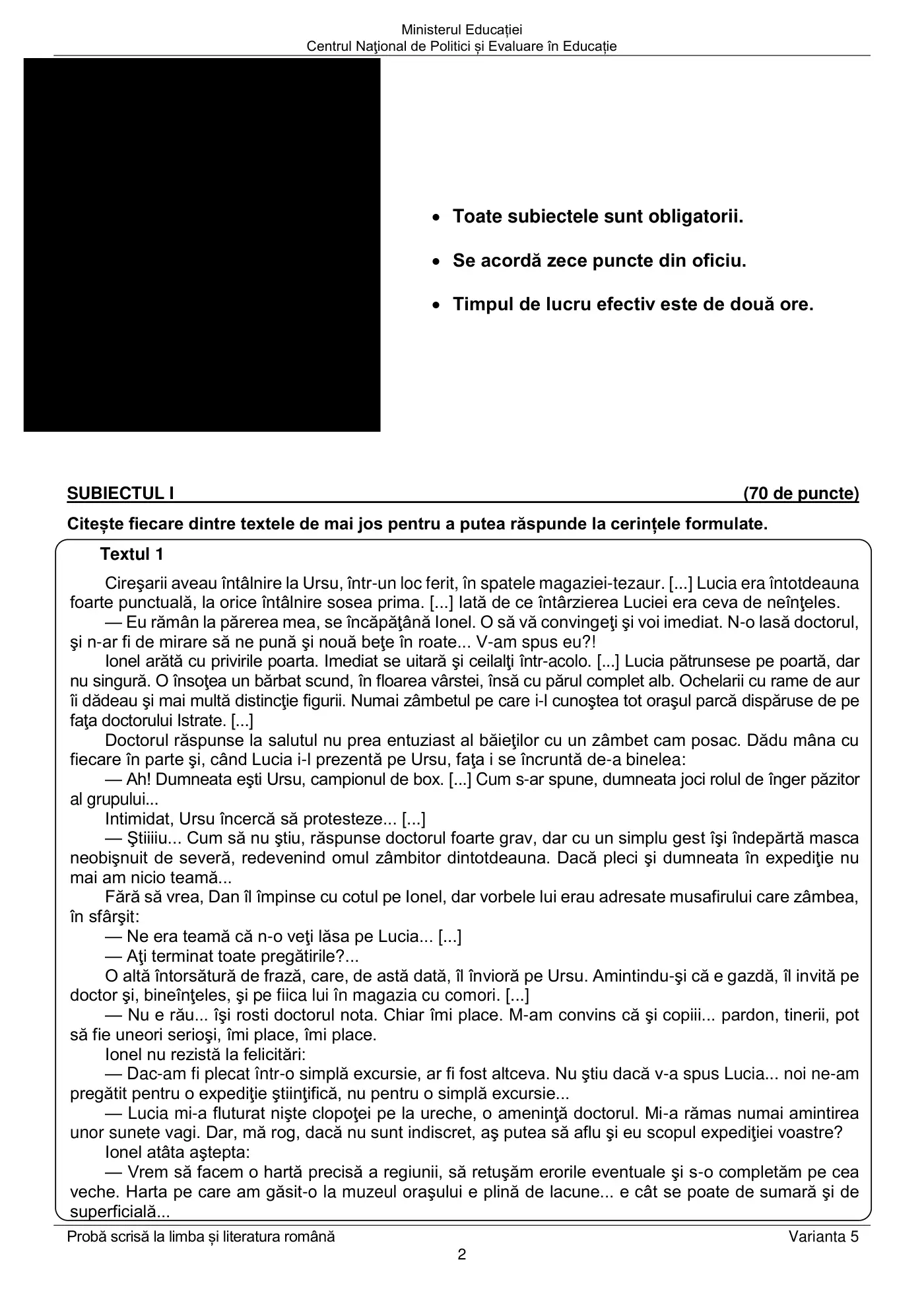 Pagina 2 din subiectul subiect de rezervă, limba și literatura română, 14 iunie 2022