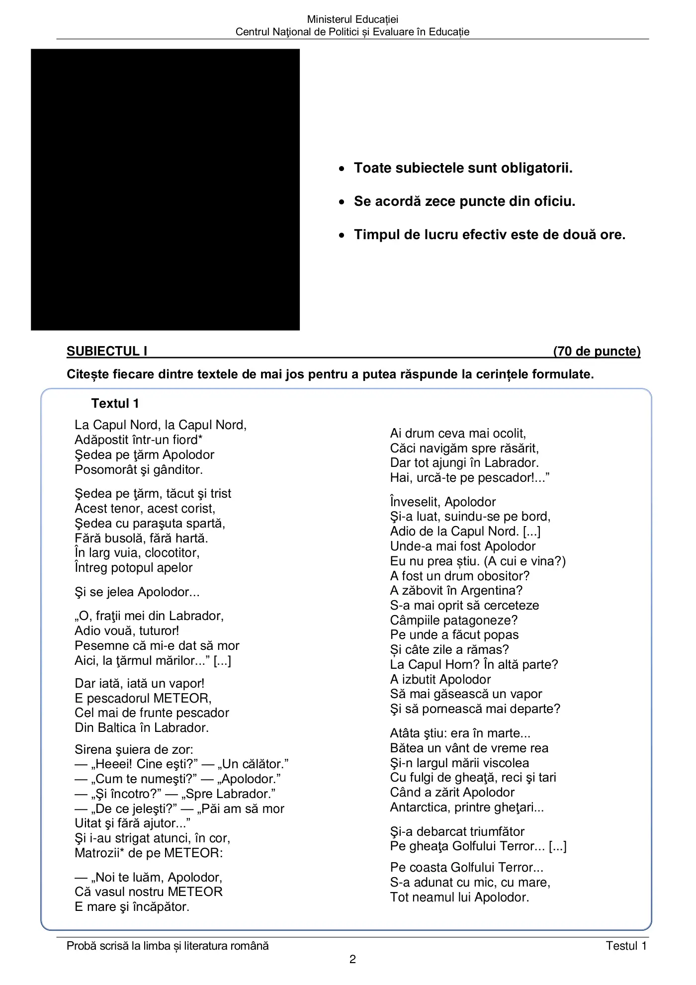 Pagina 2 din subiectul test de antrenament 1, limba și literatura română, aprilie 2022