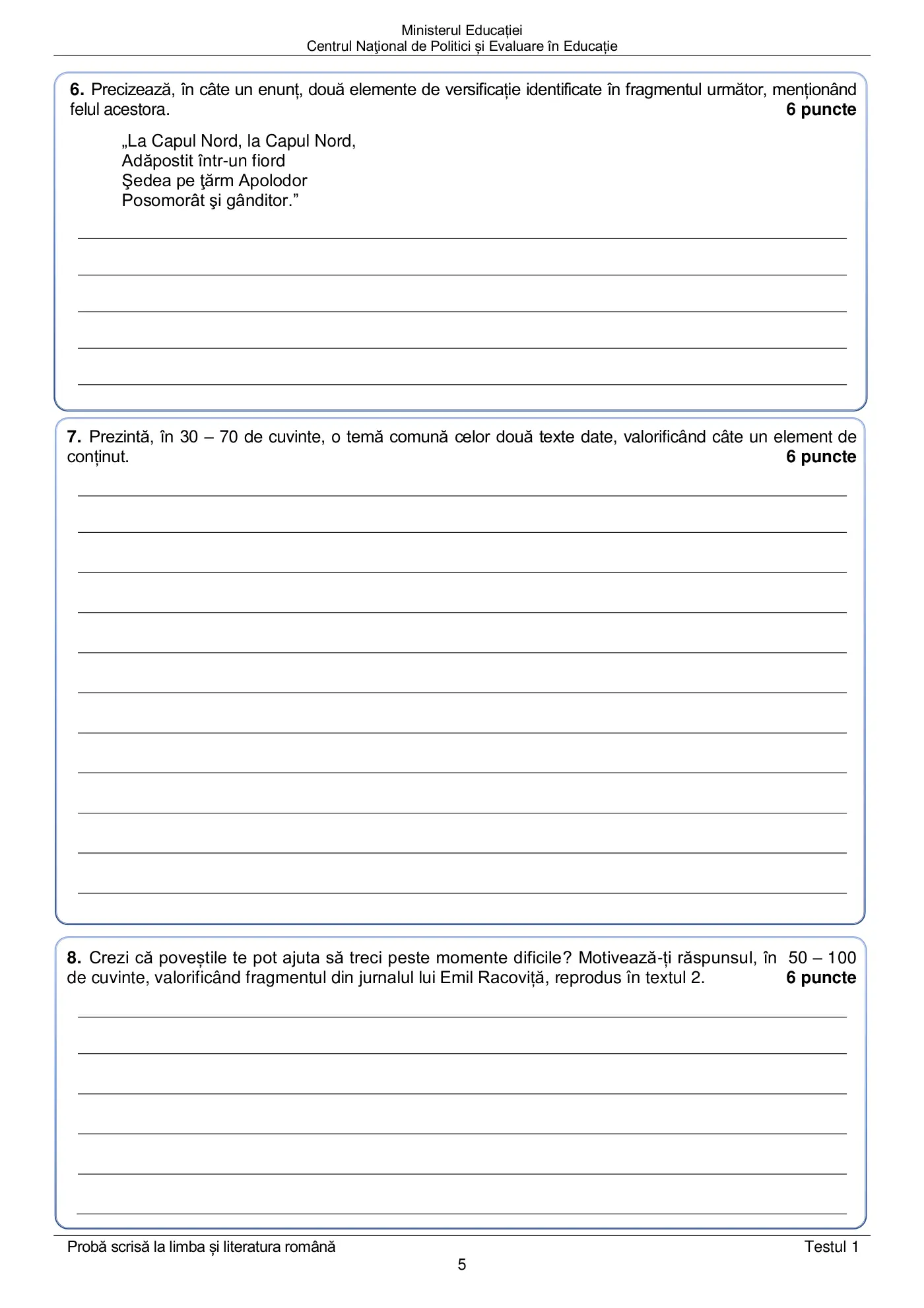 Pagina 5 din subiectul test de antrenament 1, limba și literatura română, aprilie 2022