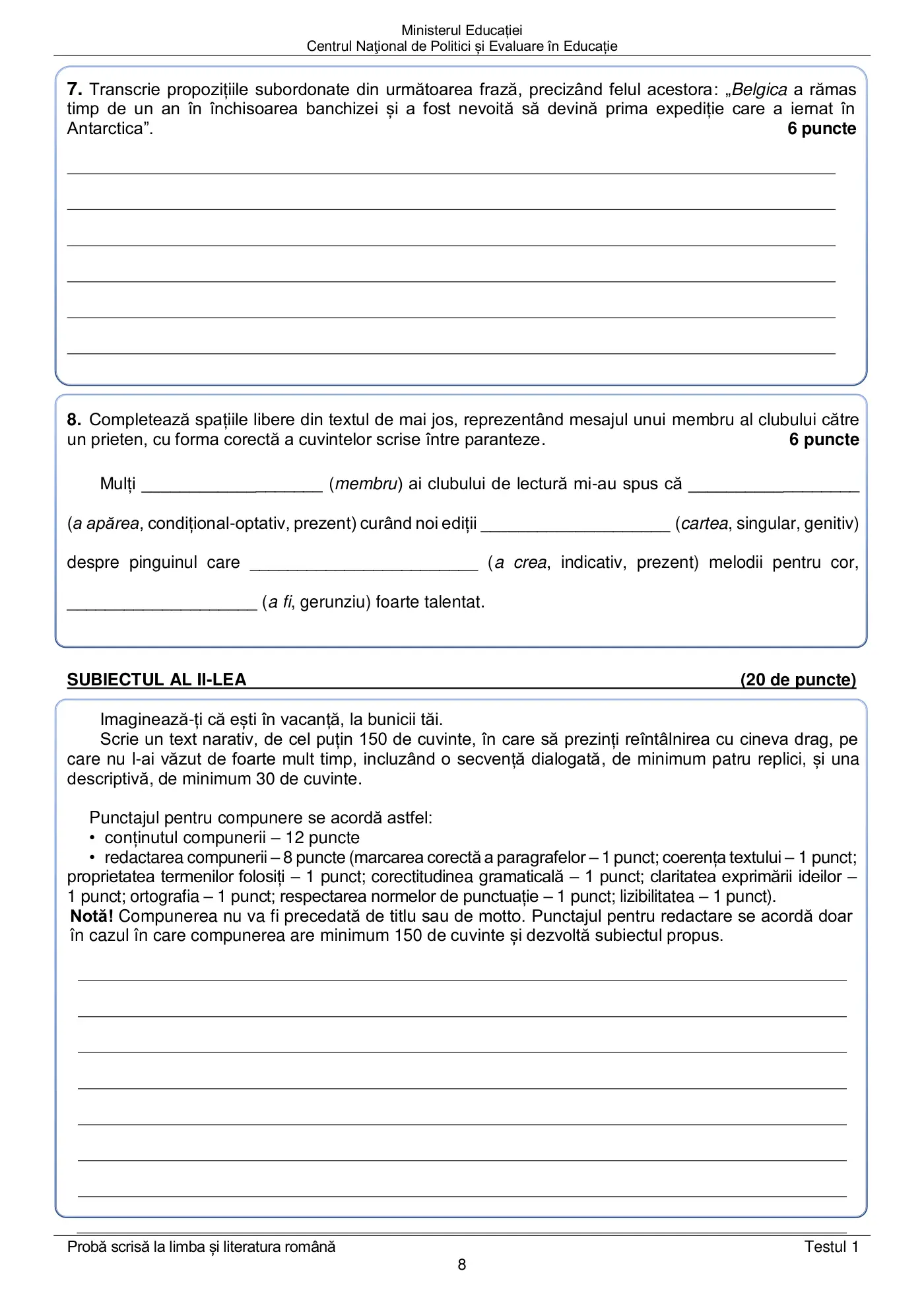 Pagina 8 din subiectul test de antrenament 1, limba și literatura română, aprilie 2022