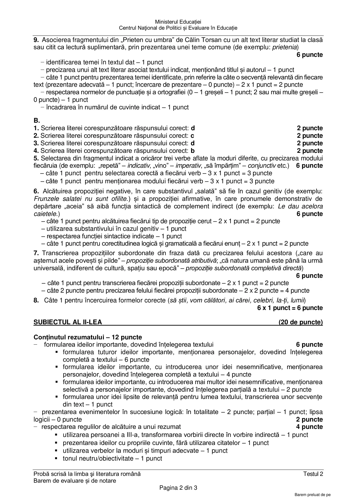Pagina 2 din baremul pentru test de antrenament 2, limba și literatura română, mai 2022