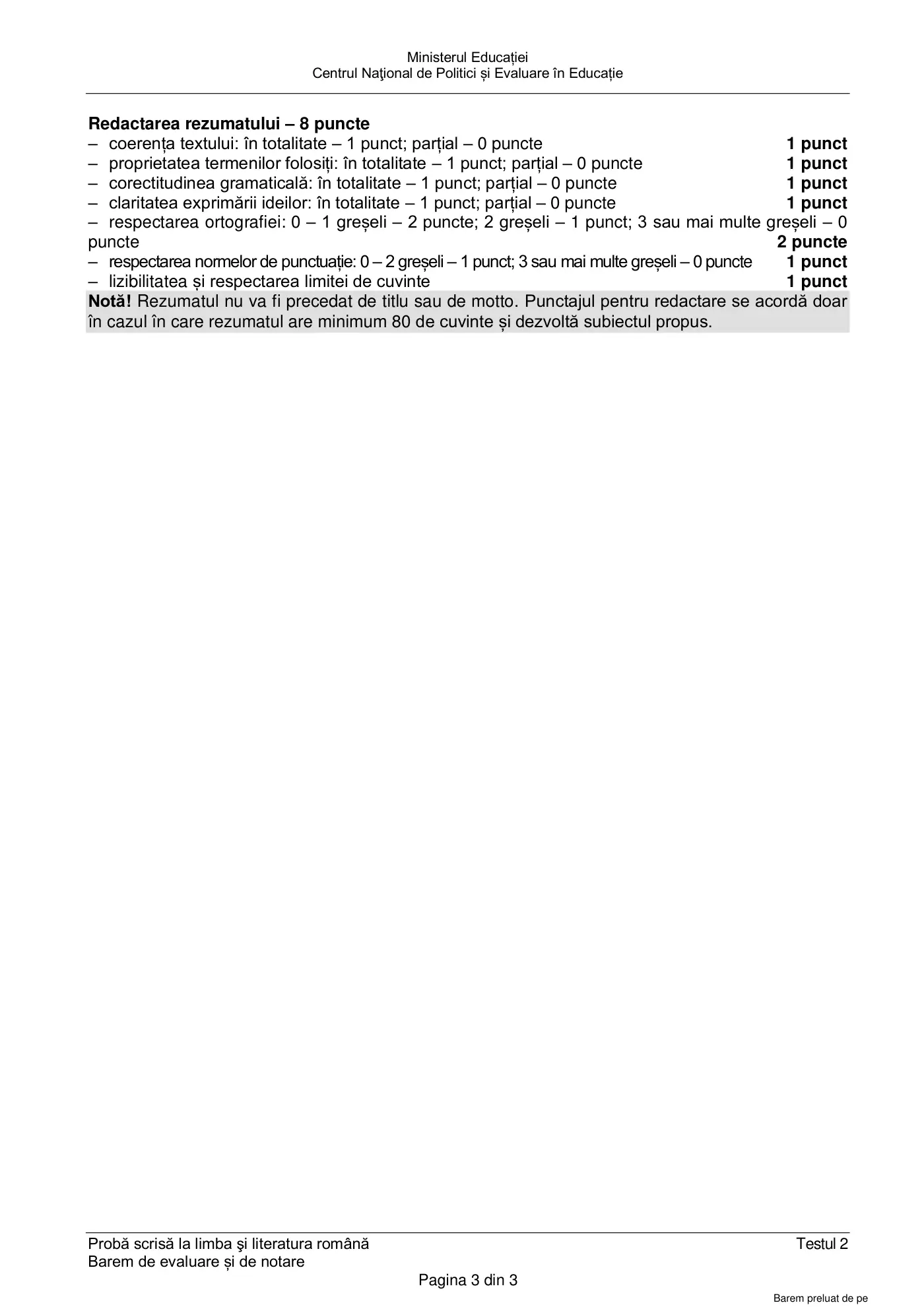 Pagina 3 din baremul pentru test de antrenament 2, limba și literatura română, mai 2022