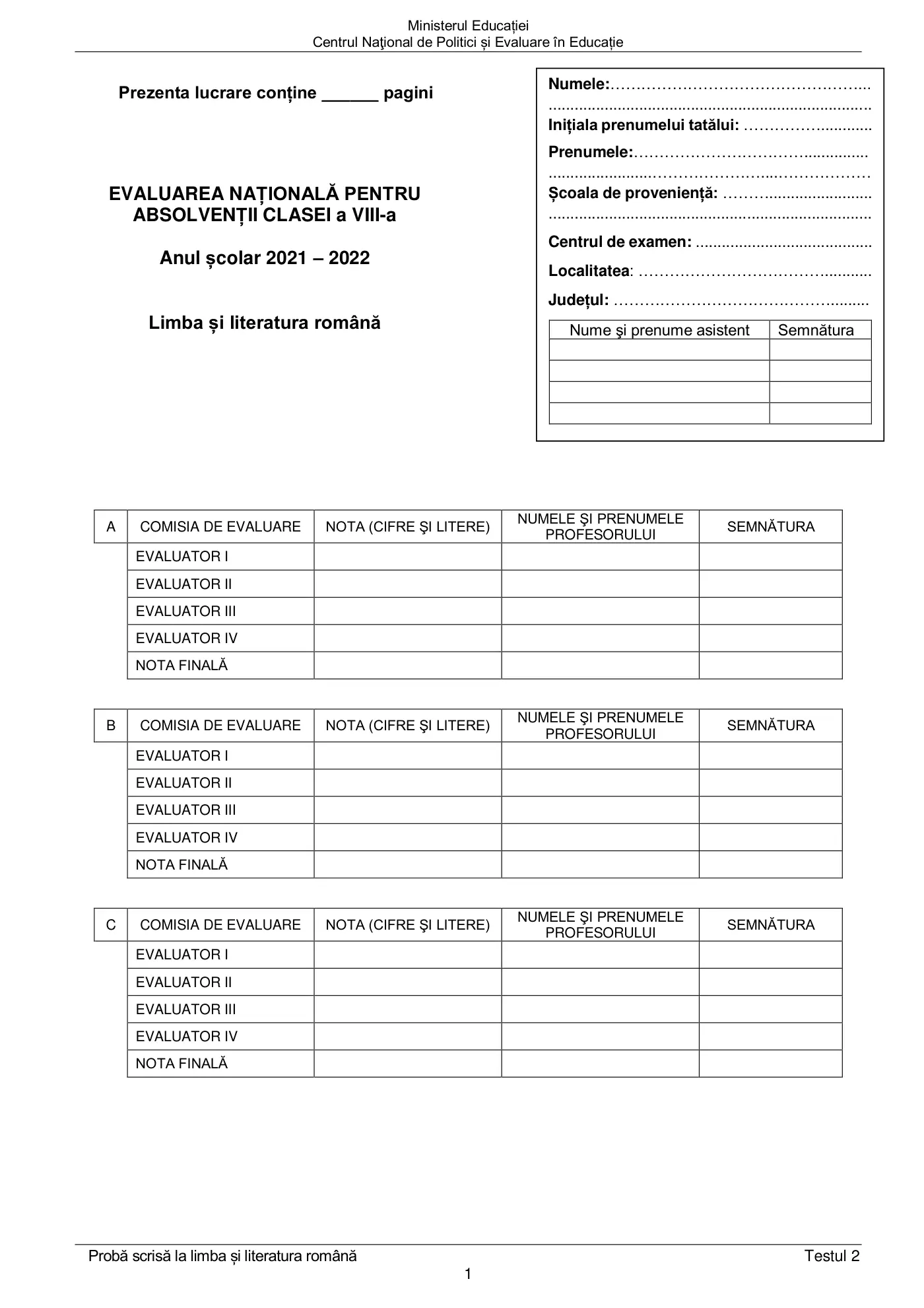 Pagina 1 din subiectul test de antrenament 2, limba și literatura română, mai 2022