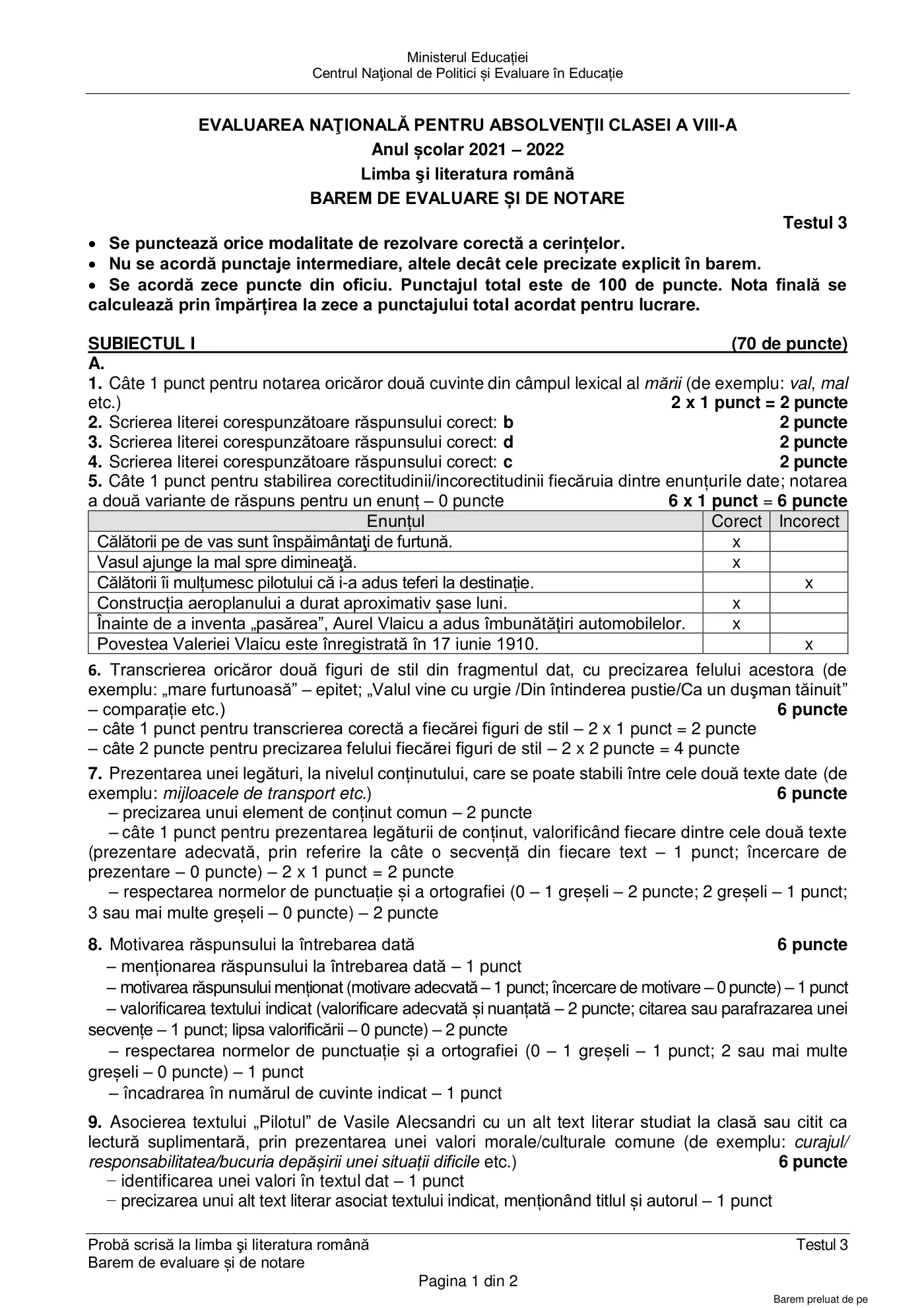 Pagina 1 din baremul pentru test de antrenament 3, limba și literatura română, mai 2022