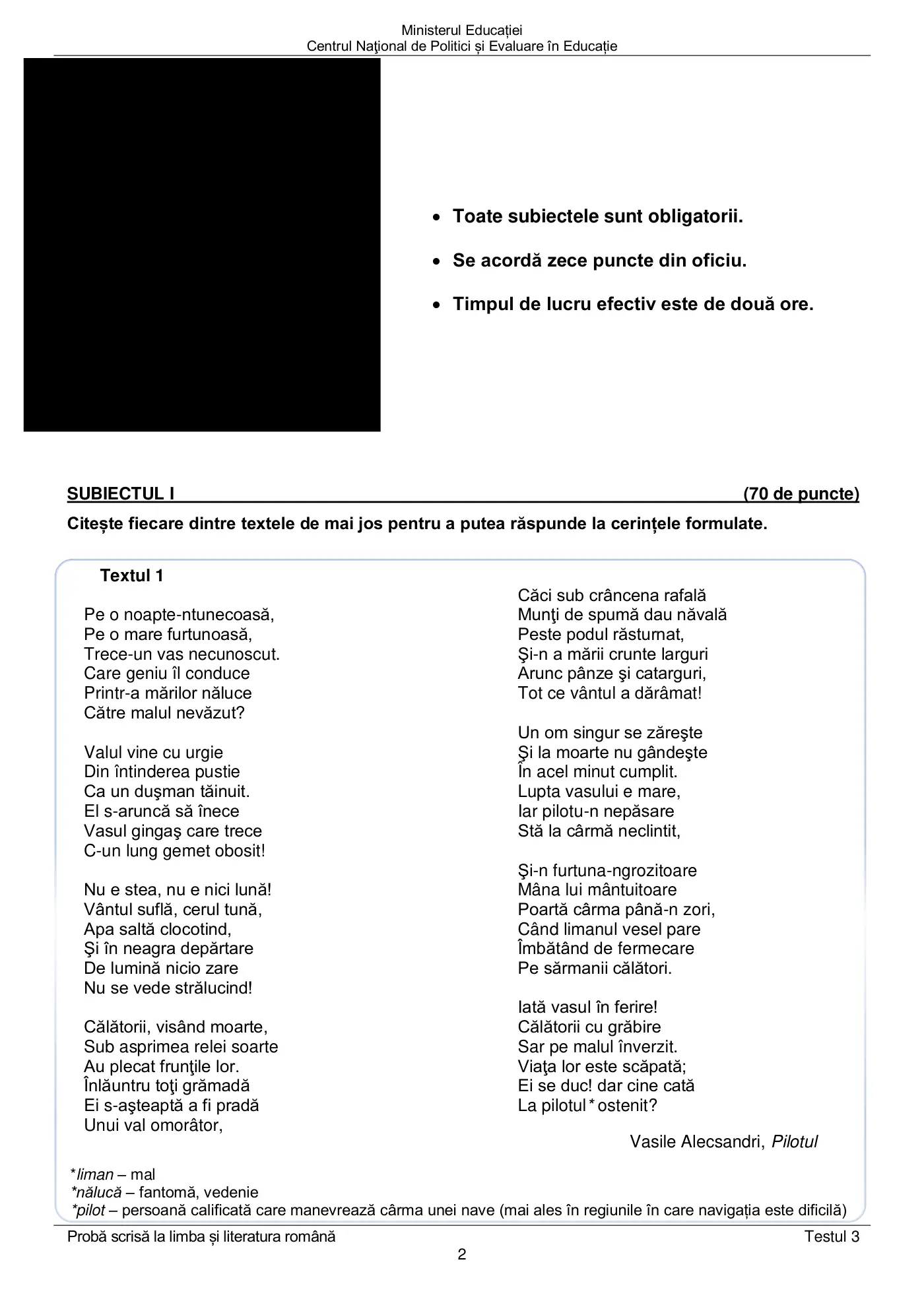 Pagina 2 din subiectul test de antrenament 3, limba și literatura română, mai 2022