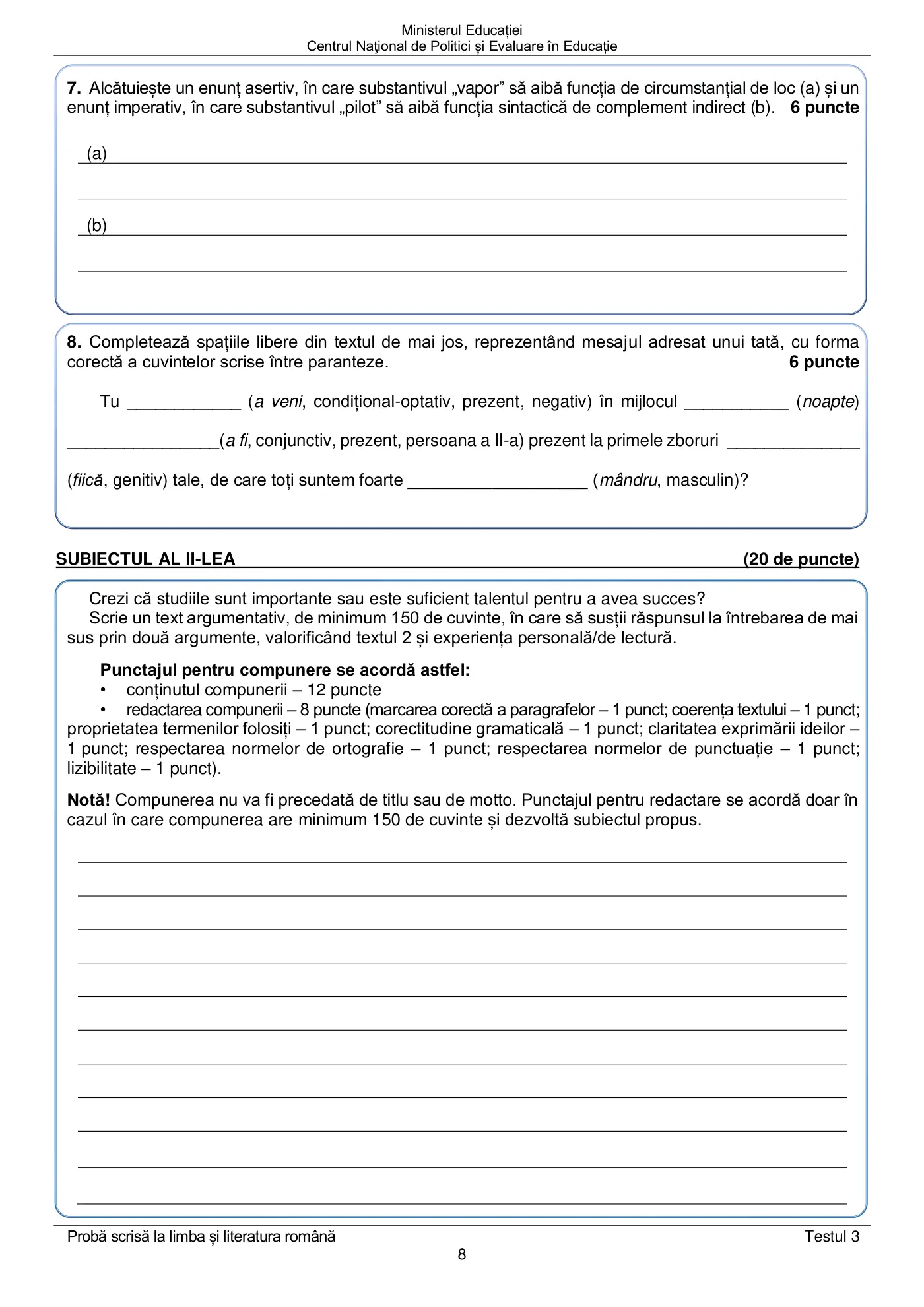 Pagina 8 din subiectul test de antrenament 3, limba și literatura română, mai 2022