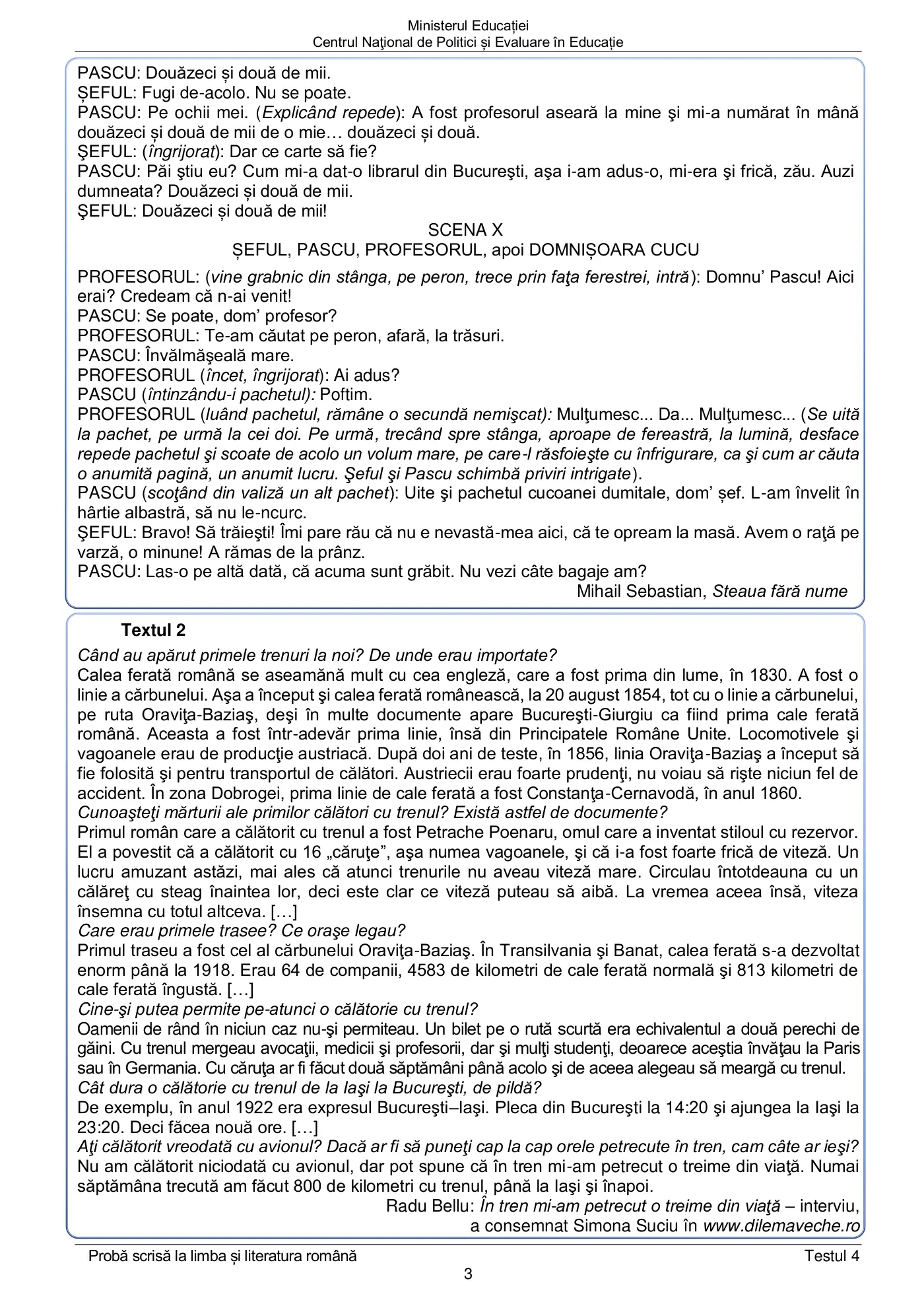 Pagina 3 din subiectul test de antrenament 4, limba și literatura română, mai 2022