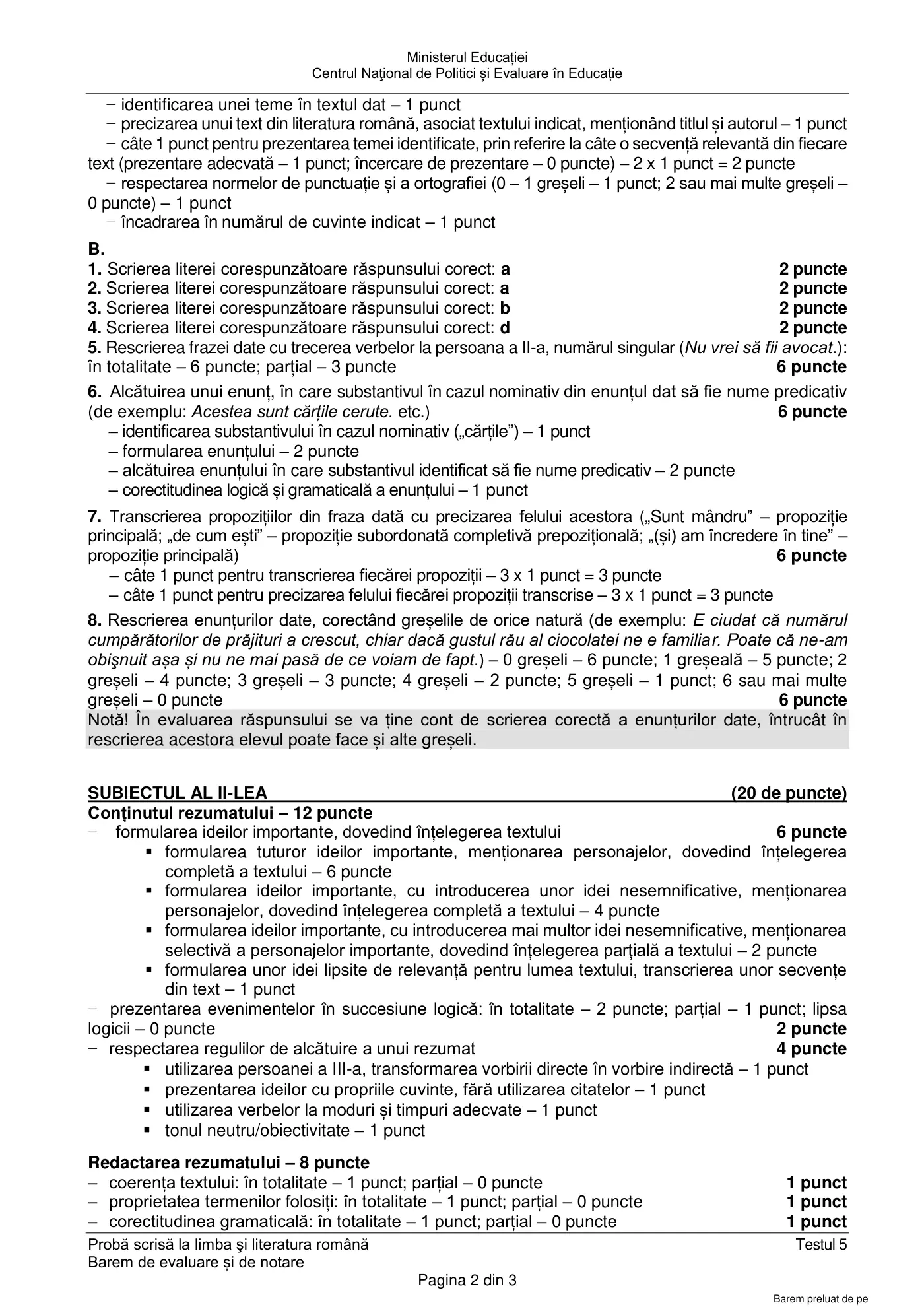 Pagina 2 din baremul pentru test de antrenament 5, limba și literatura română, mai 2022