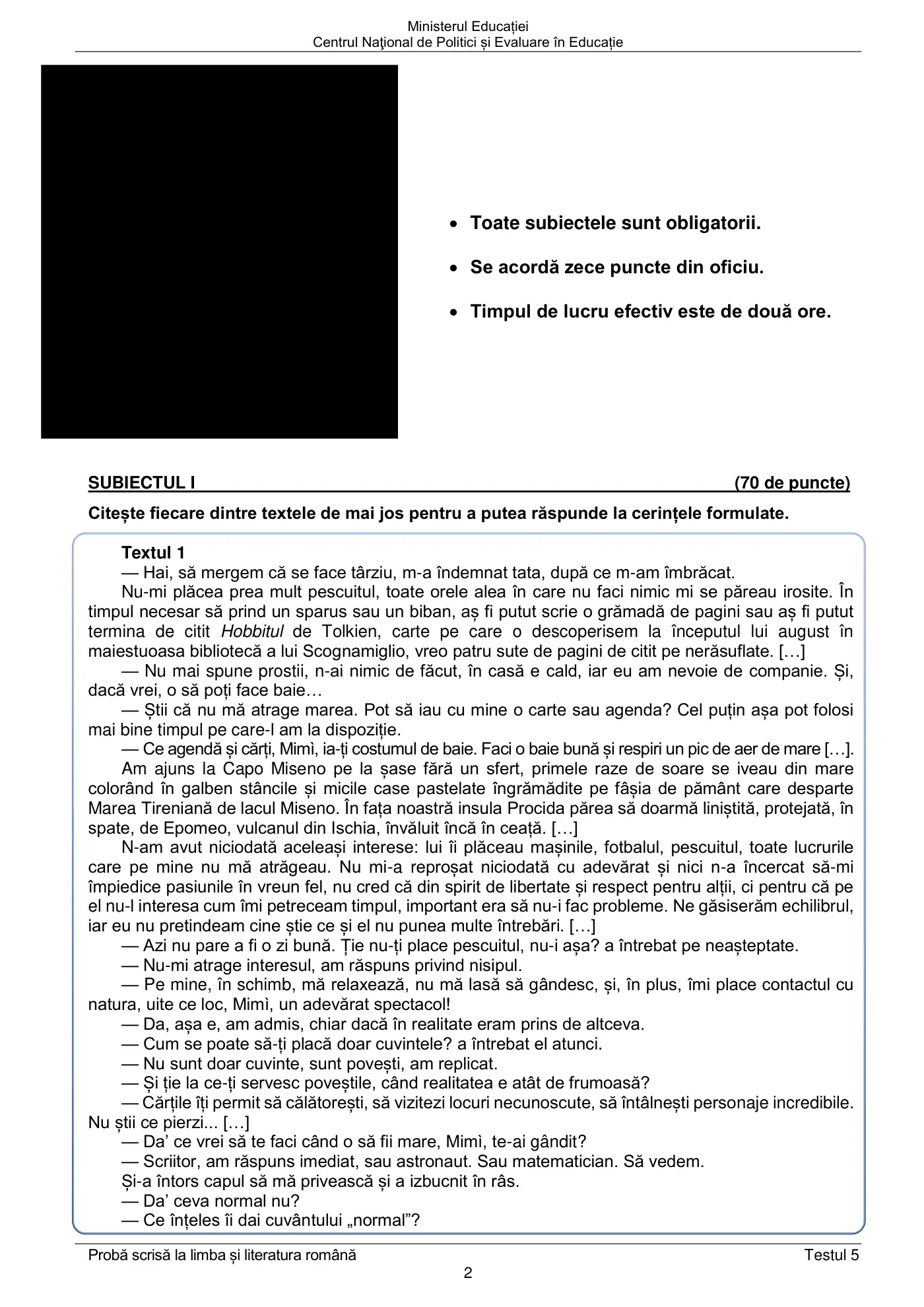 Pagina 2 din subiectul test de antrenament 5, limba și literatura română, mai 2022