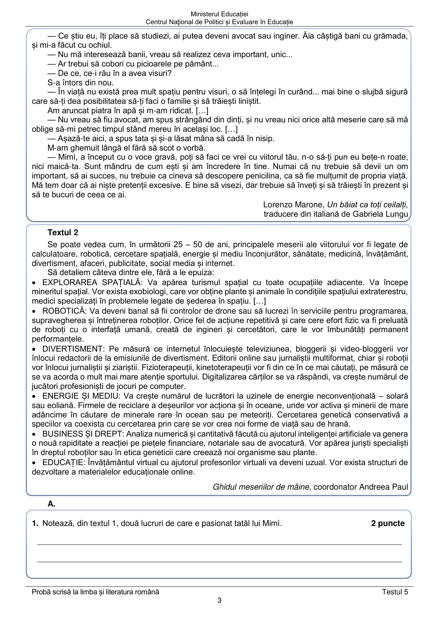 Pagina 3 din subiectul test de antrenament 5, limba și literatura română, mai 2022
