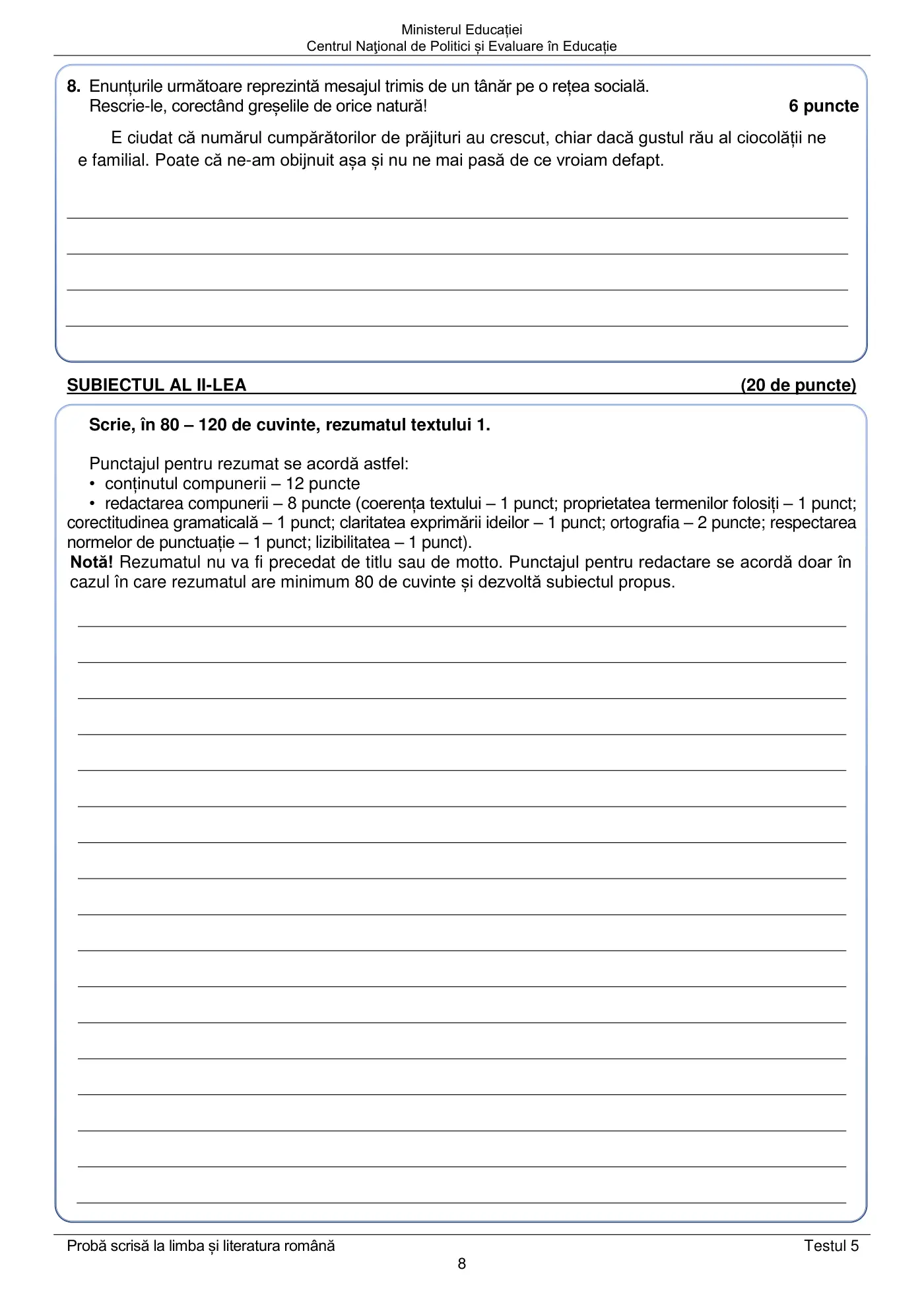 Pagina 8 din subiectul test de antrenament 5, limba și literatura română, mai 2022