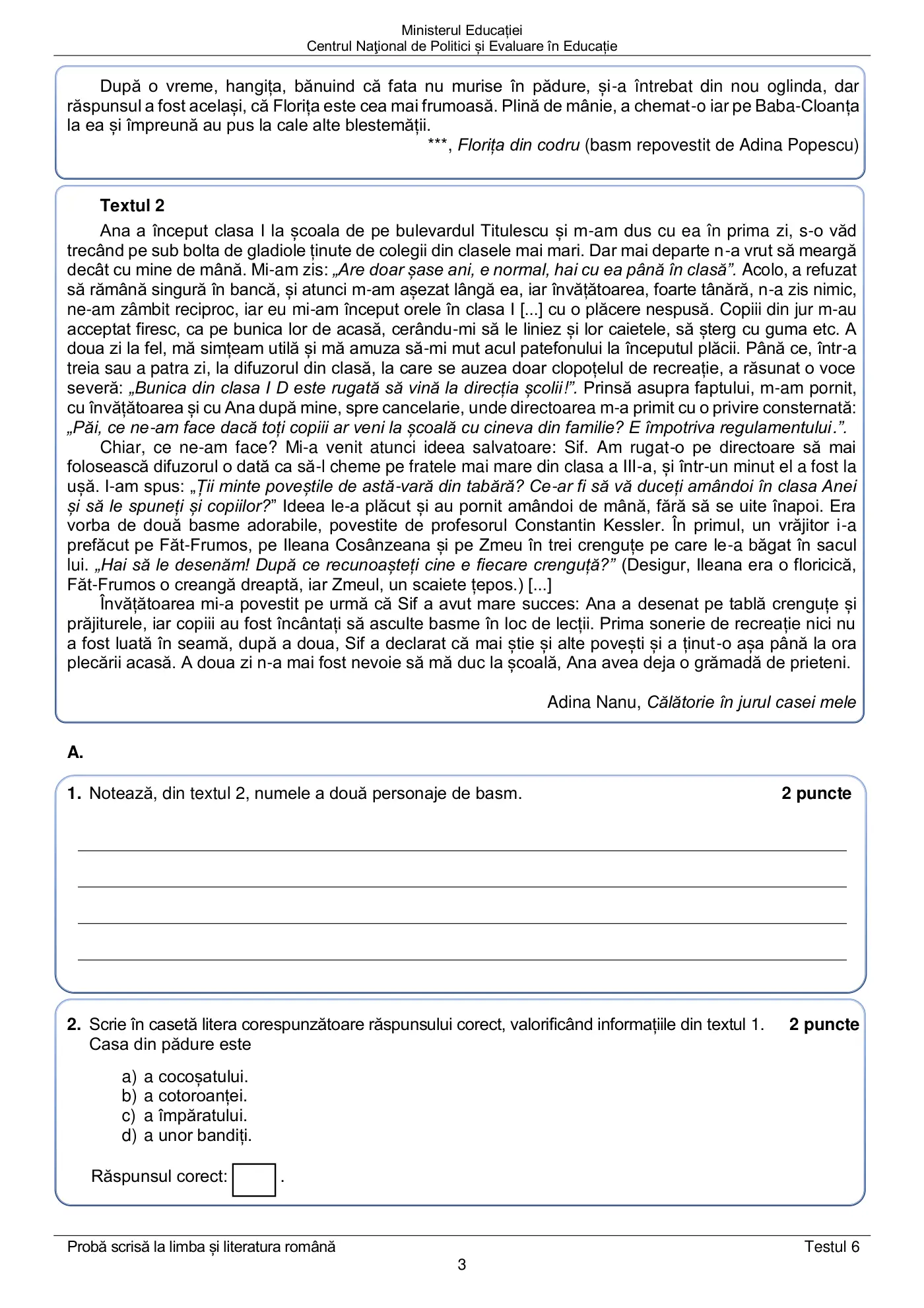 Pagina 3 din subiectul test de antrenament 6, limba și literatura română, mai 2022