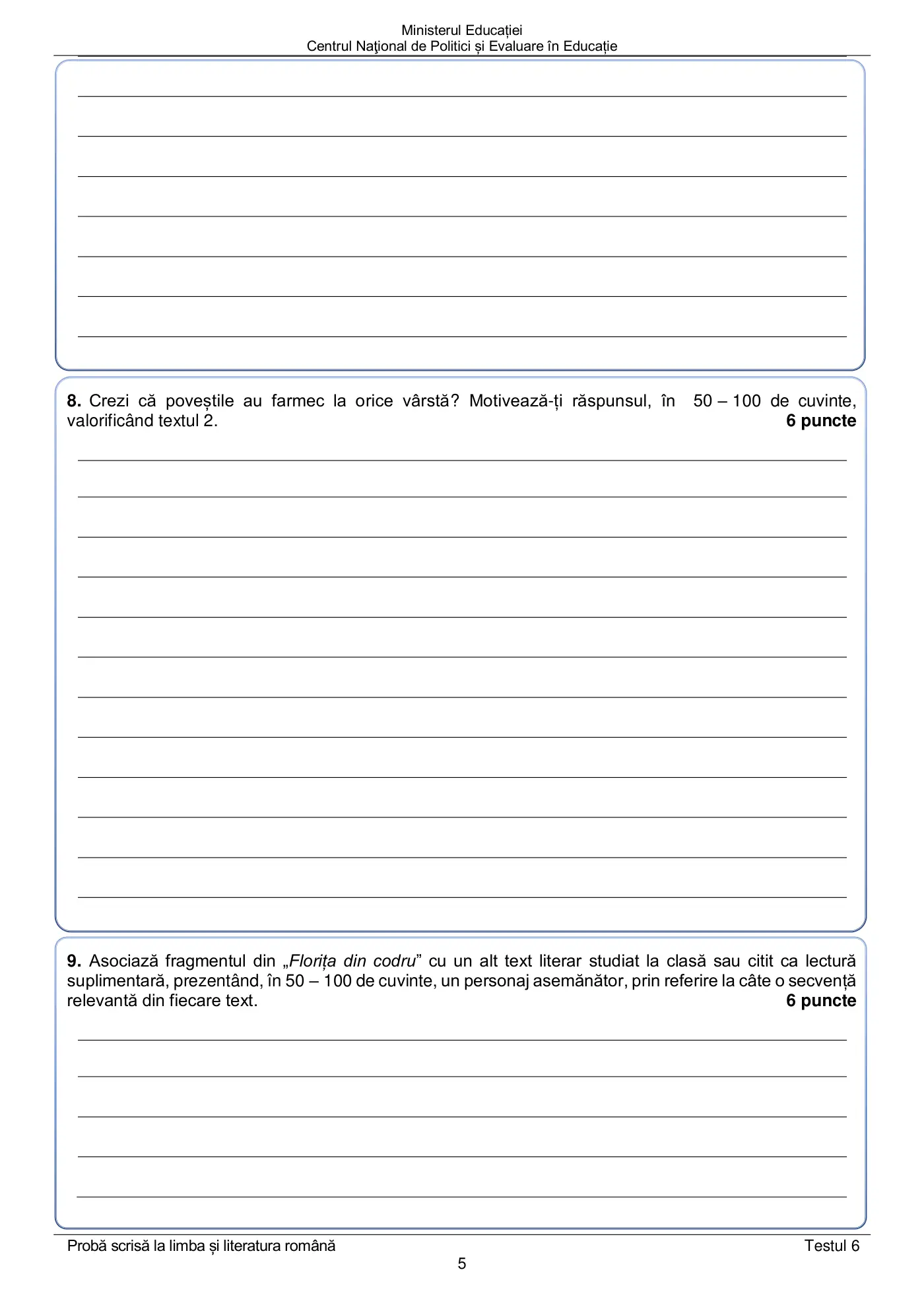 Pagina 5 din subiectul test de antrenament 6, limba și literatura română, mai 2022