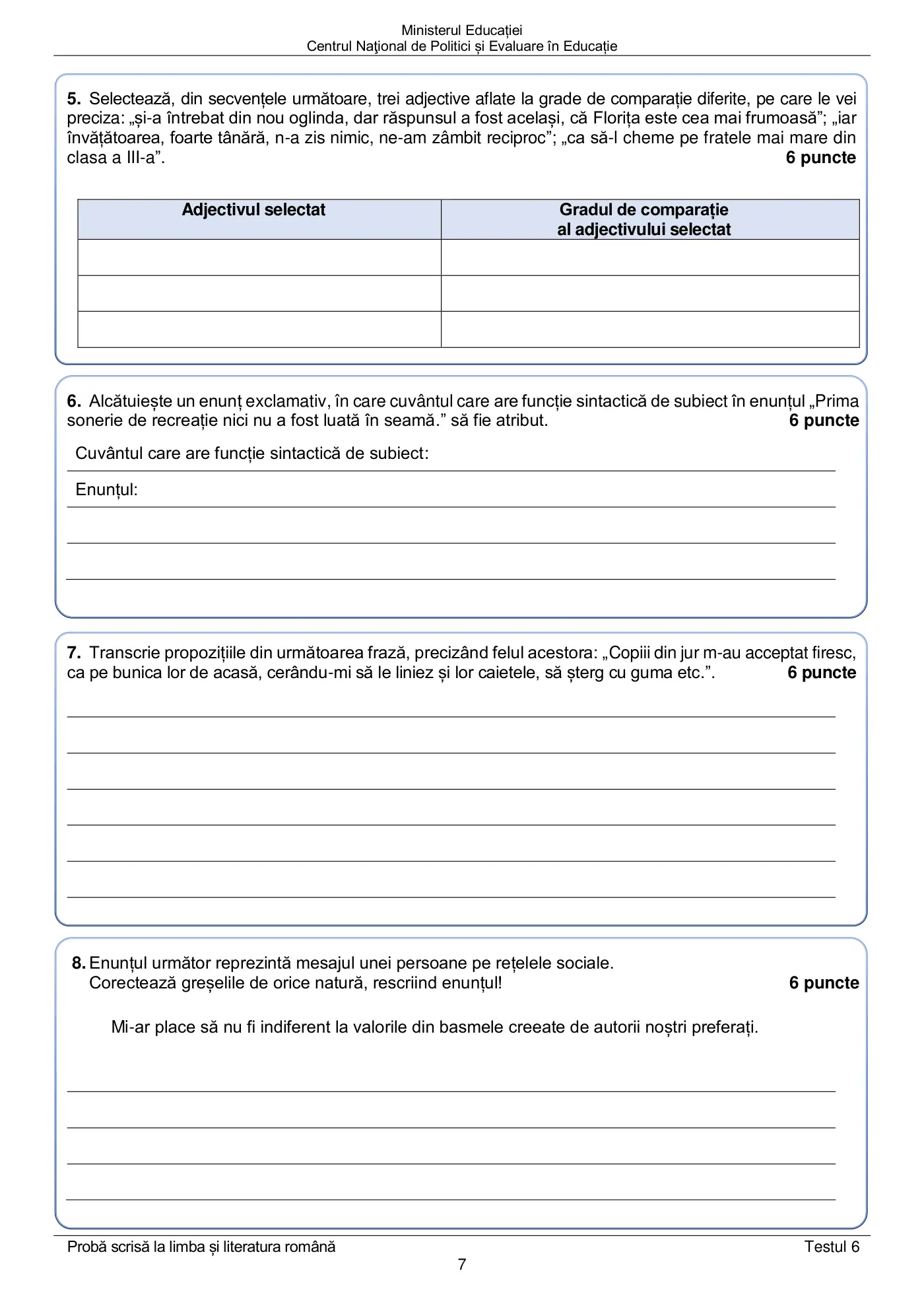 Pagina 7 din subiectul test de antrenament 6, limba și literatura română, mai 2022