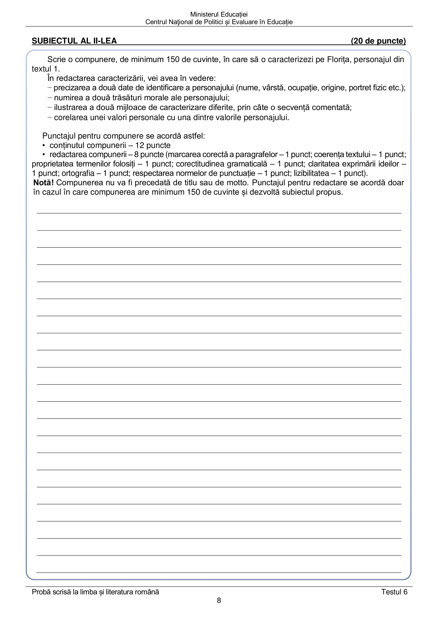 Pagina 8 din subiectul test de antrenament 6, limba și literatura română, mai 2022