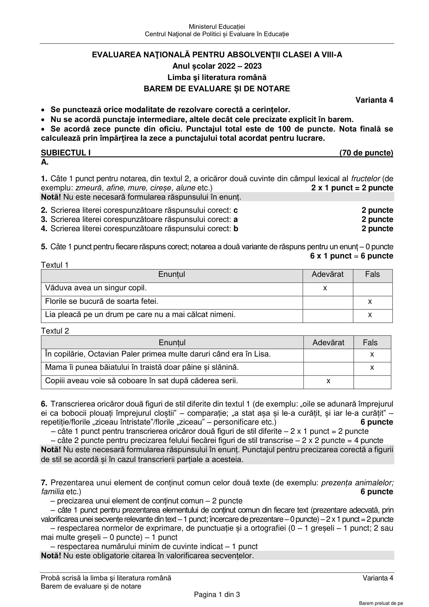 Pagina 1 din baremul pentru examen oficial (sesiunea iunie), limba și literatura română, 19 iunie 2023