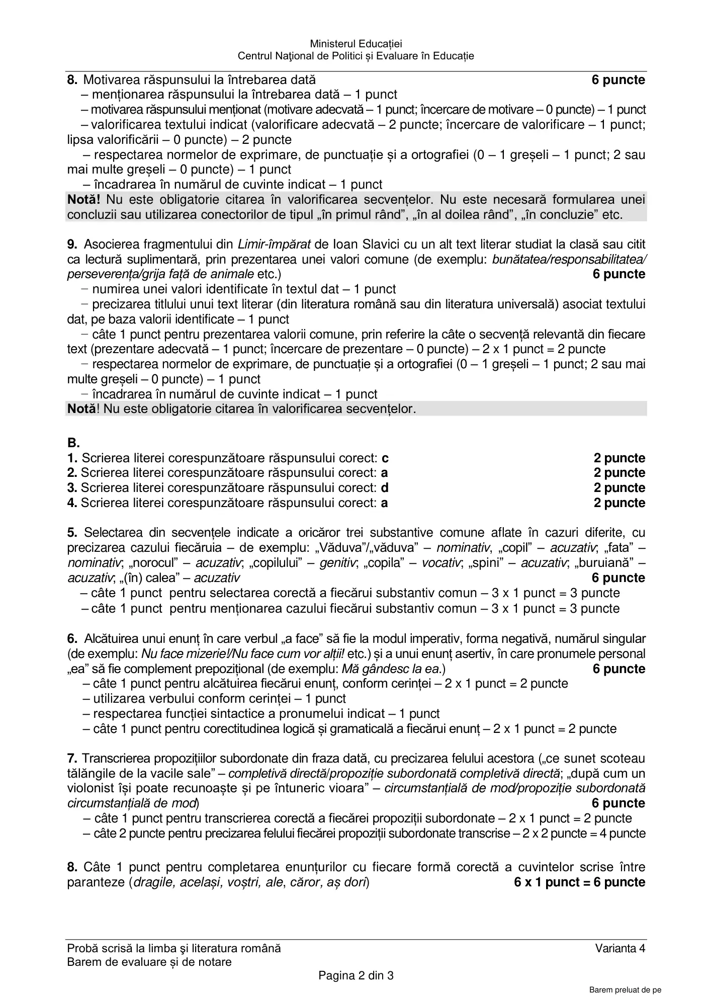Pagina 2 din baremul pentru examen oficial (sesiunea iunie), limba și literatura română, 19 iunie 2023
