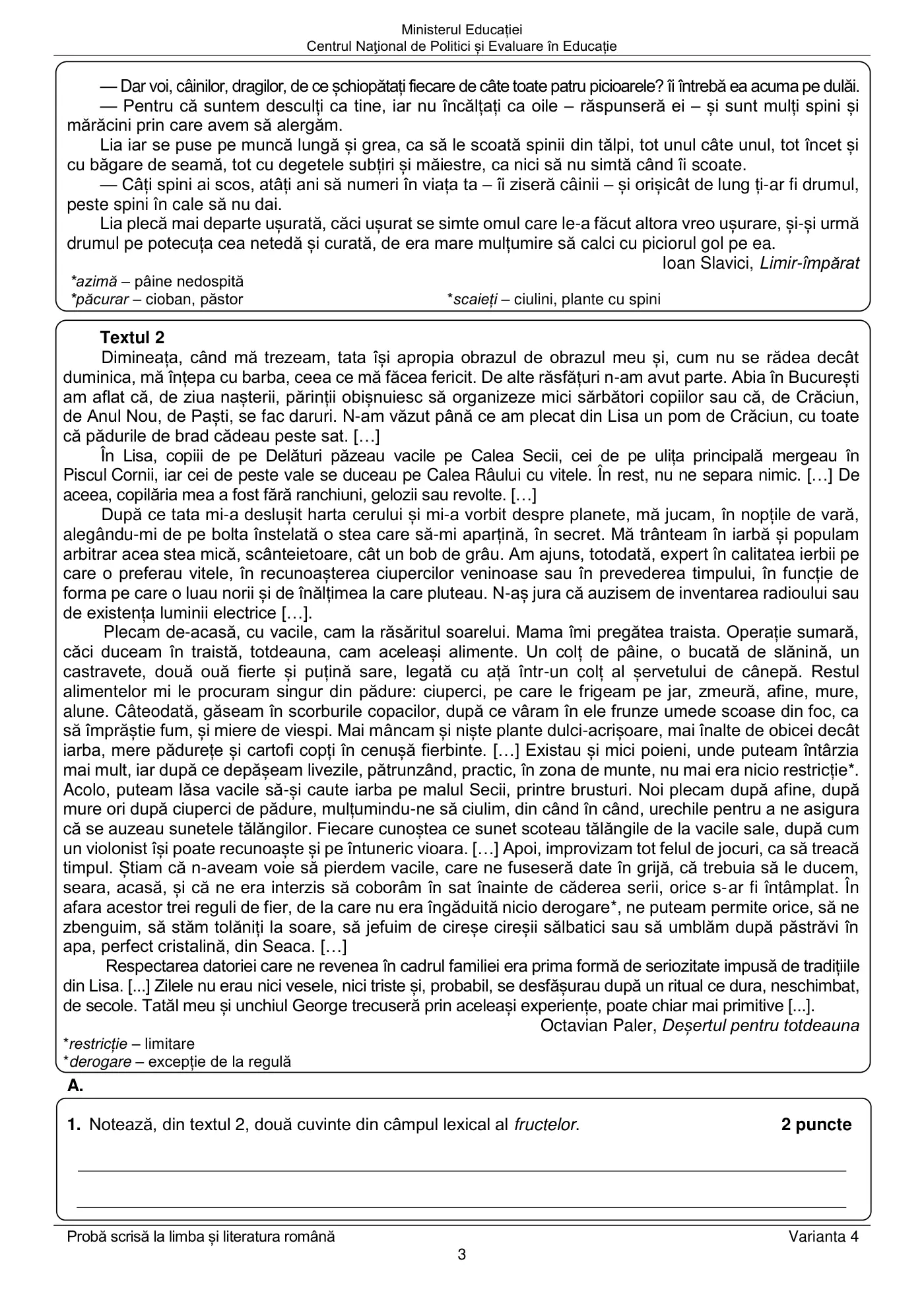 Pagina 3 din subiectul examen oficial (sesiunea iunie), limba și literatura română, 19 iunie 2023