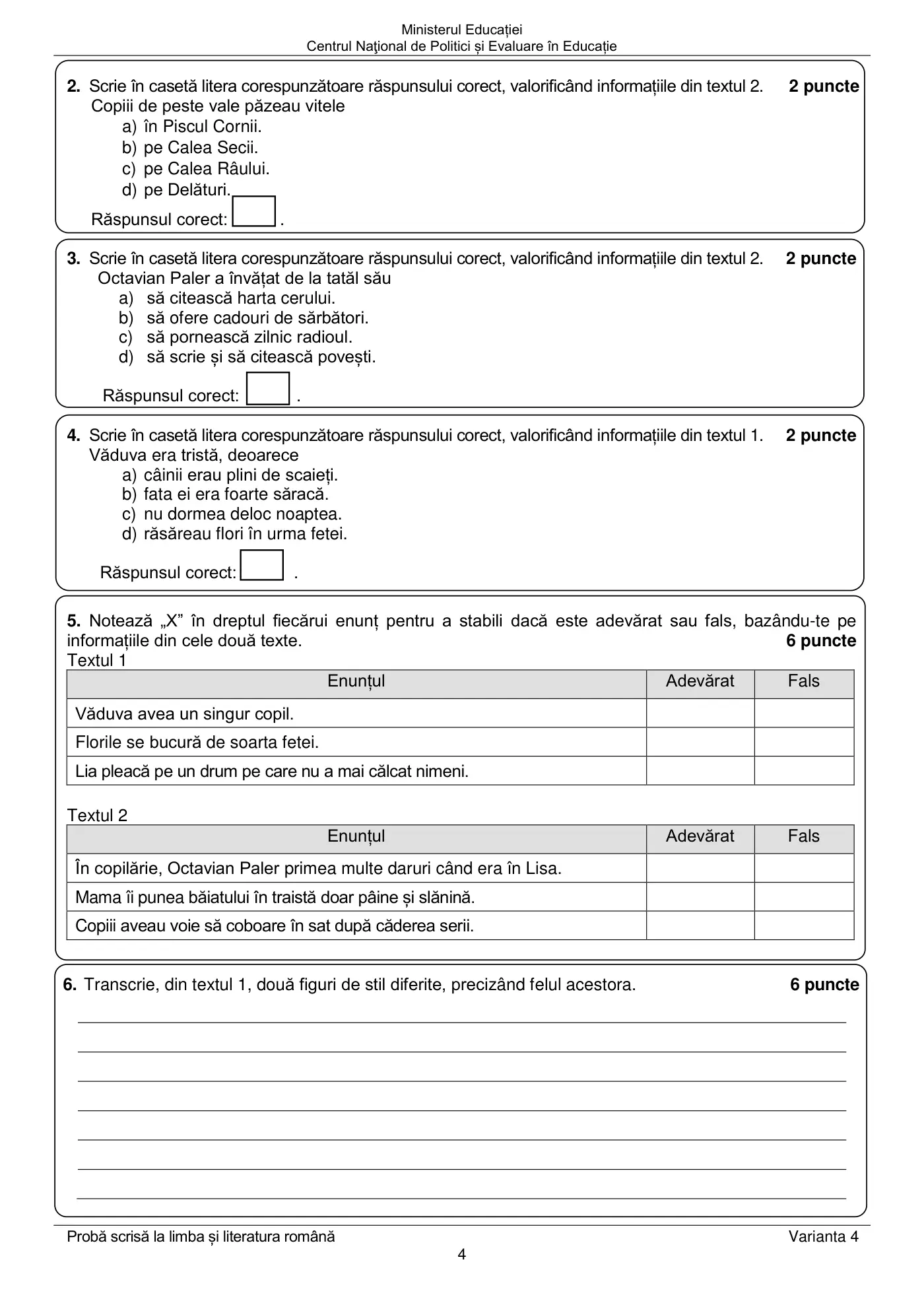 Pagina 4 din subiectul examen oficial (sesiunea iunie), limba și literatura română, 19 iunie 2023