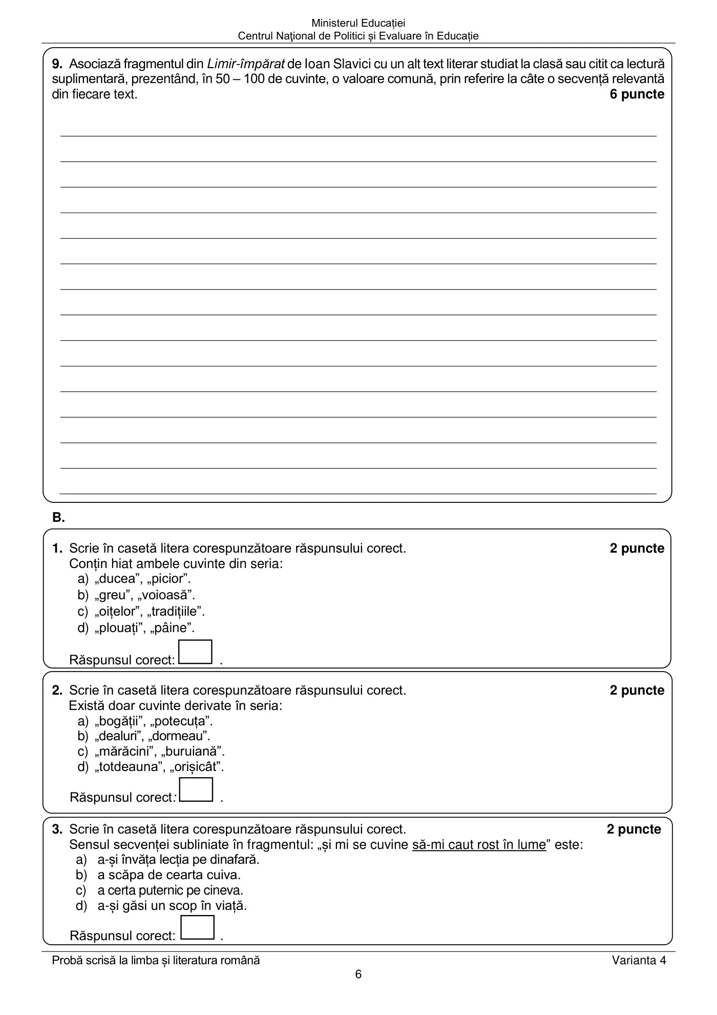 Pagina 6 din subiectul examen oficial (sesiunea iunie), limba și literatura română, 19 iunie 2023