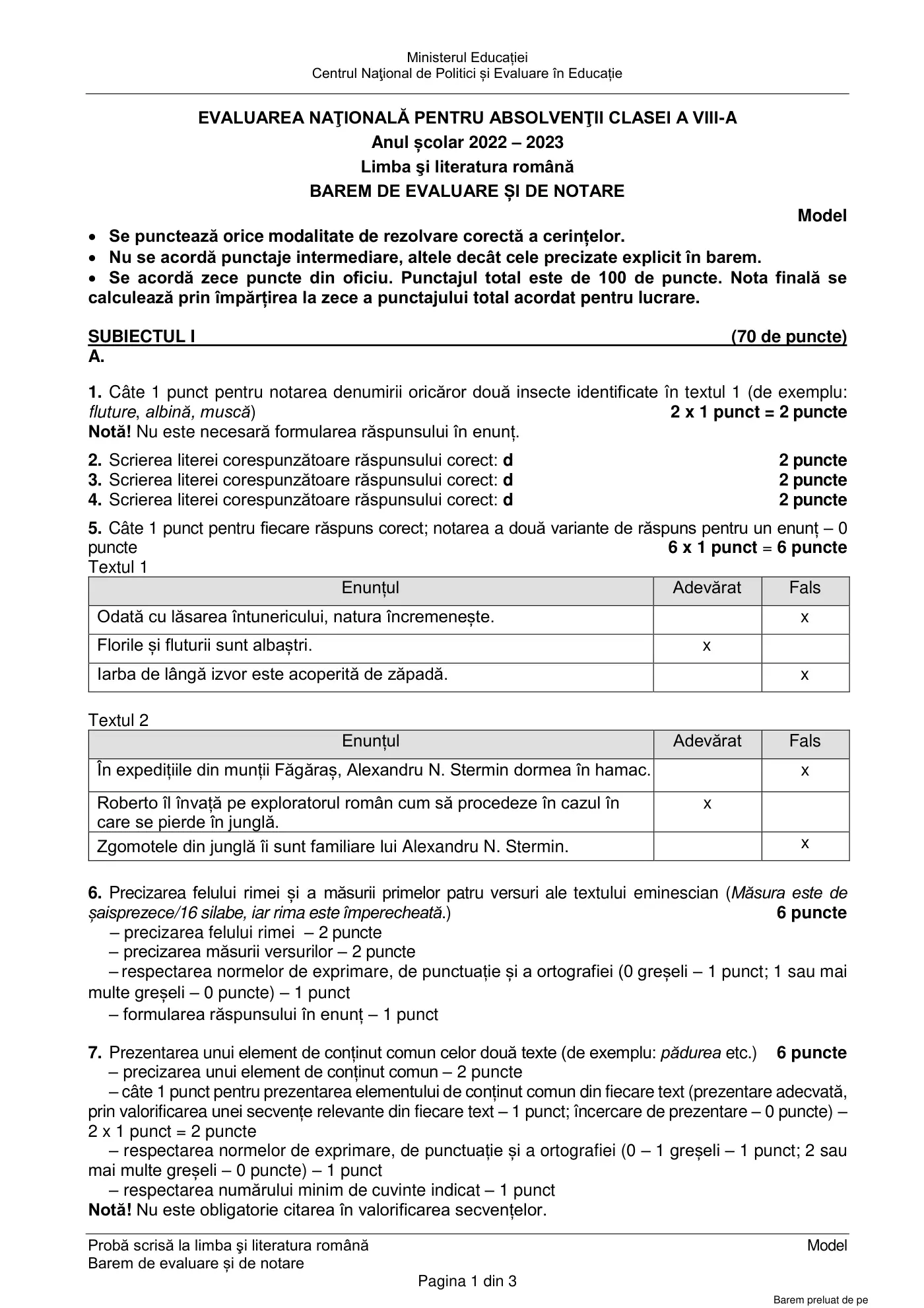 Pagina 1 din baremul pentru model oficial, limba și literatura română, noiembrie 2022