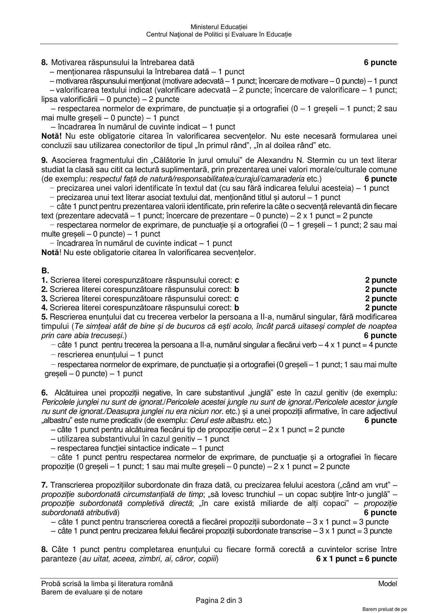 Pagina 2 din baremul pentru model oficial, limba și literatura română, noiembrie 2022