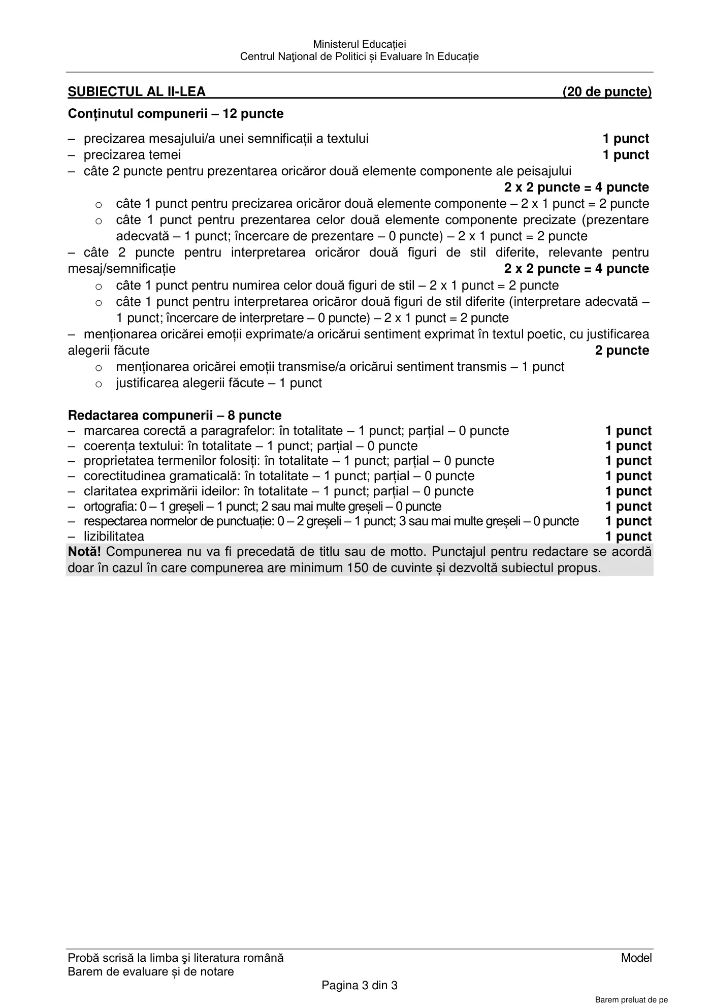 Pagina 3 din baremul pentru model oficial, limba și literatura română, noiembrie 2022